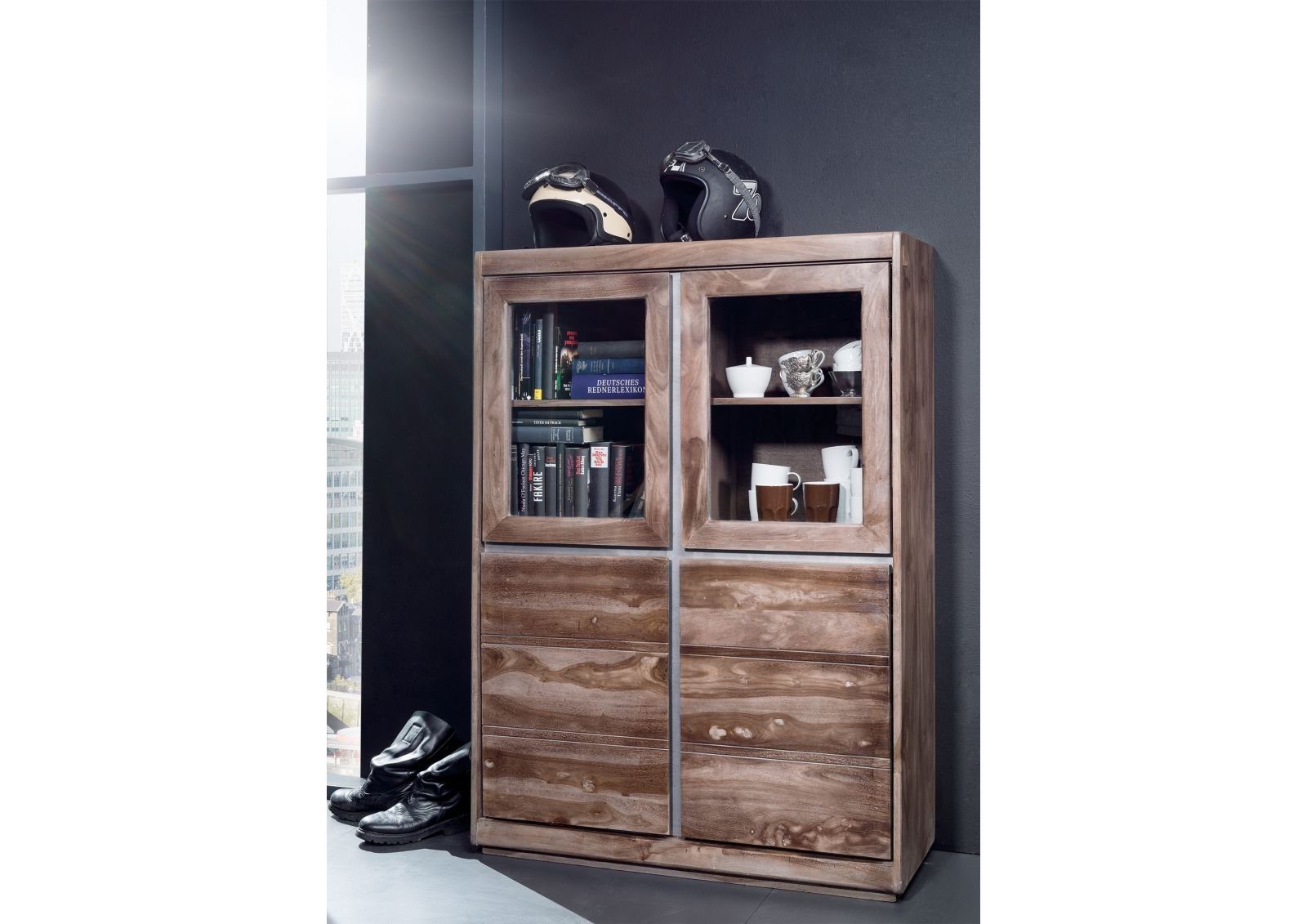 Sheesham #200 Vitrine Massivmoebel24 lackiert smoked oak Standvitrine 102x40x147 grau SYDNEY