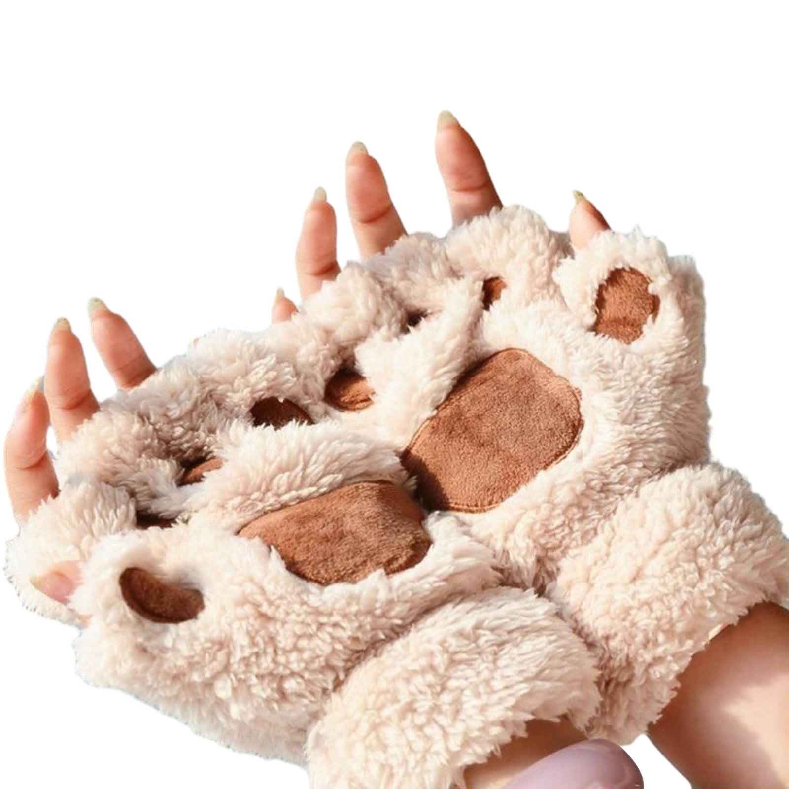Rutaqian Fleecehandschuhe Fingerlose Handschuhe Damen, Handschuhe Winter Katze Plüsch Handschuh (Katzenpfote Nette Halbe Handschuhe Warme Winterhandschuhe) für Frauen Lady und Teenage Mädchen Beige