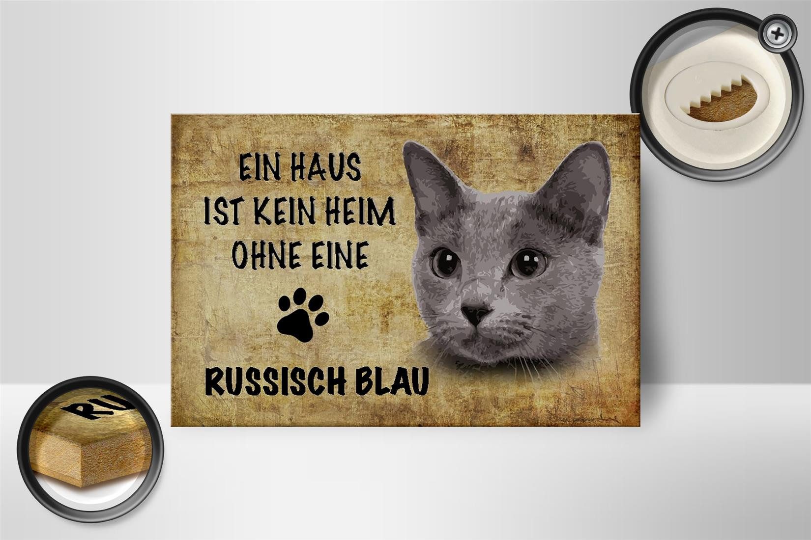 Femer GmbH Holzbild Spruch 18x12 cm russisch blau Katze, Sprüche Zitate Lustiges (1 St), Glatte Holzfaserplatte (MDF), vorn beschichtet