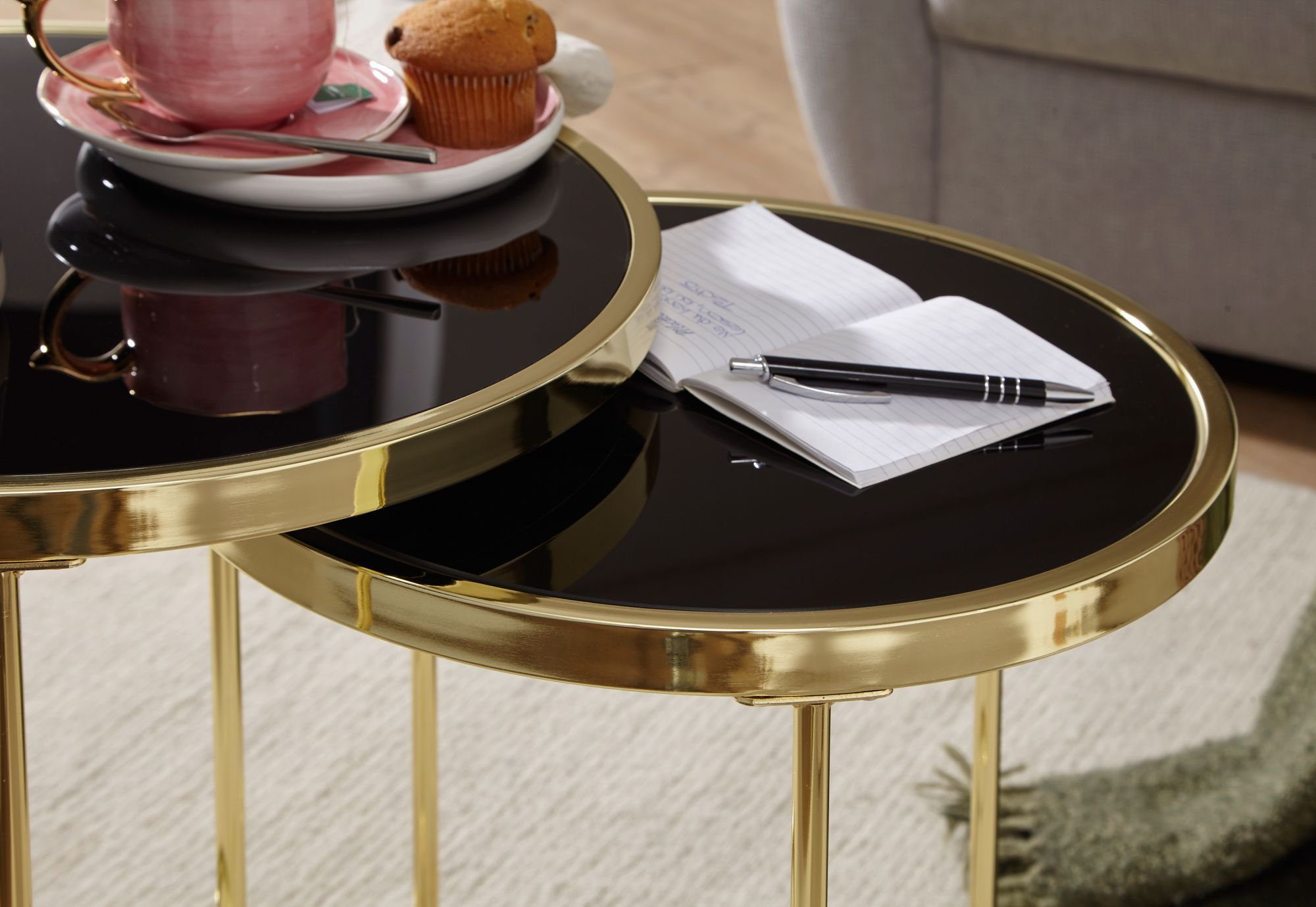 Metall Tischen, zwei FB49696 / Wohnzimmertisch / Glas), Gold Set Beistelltisch Satztisch FINEBUY Couchtisch aus (Schwarz