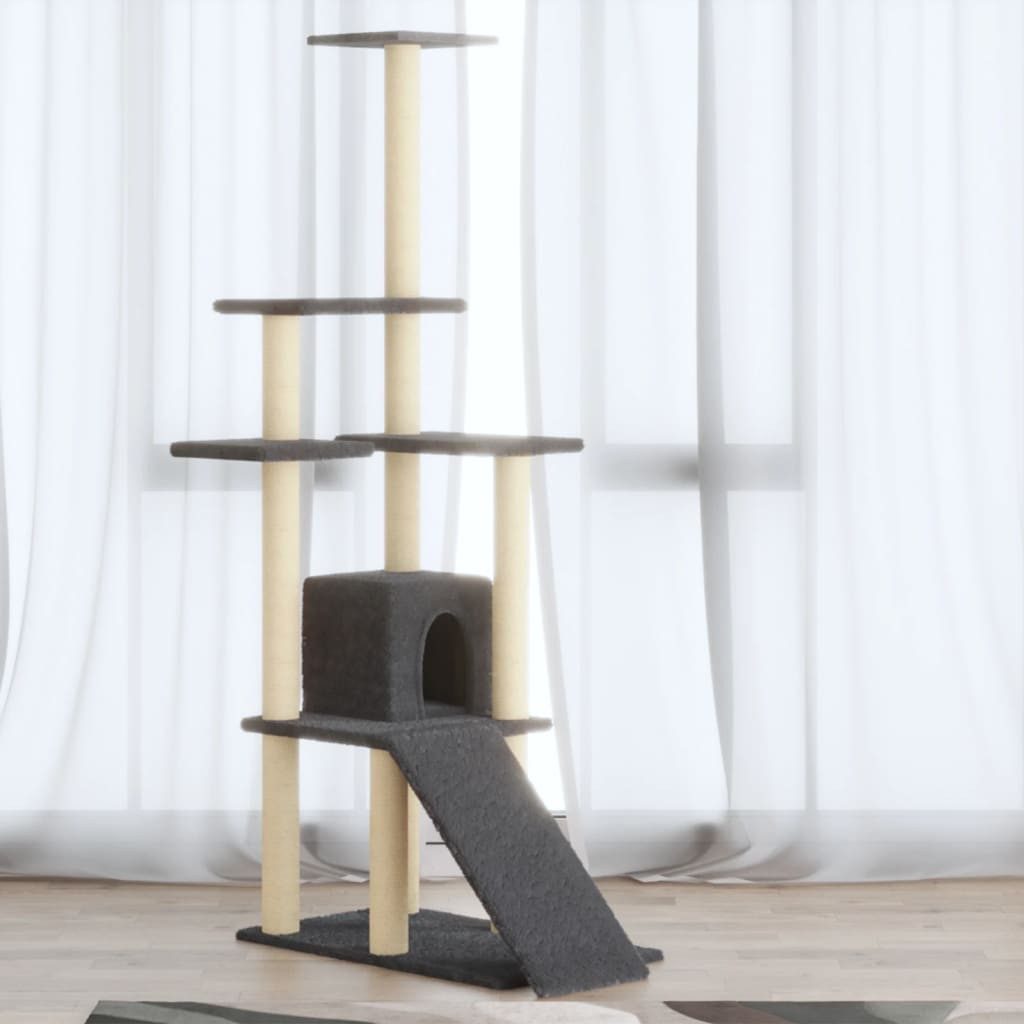 furnicato Kratzbaum mit Rampe 155 cm Dunkelgrau, Katzenbaum mit gemütlichem Haus und Kletterrampe für deine Katze