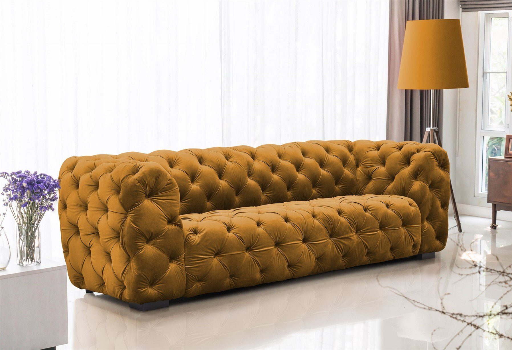 Fun Möbel Sofa Sofa Designer-Sofa NATALIE 3-Sitzer in Stoff, 1 Teile, Rundumbezug Goldgelb