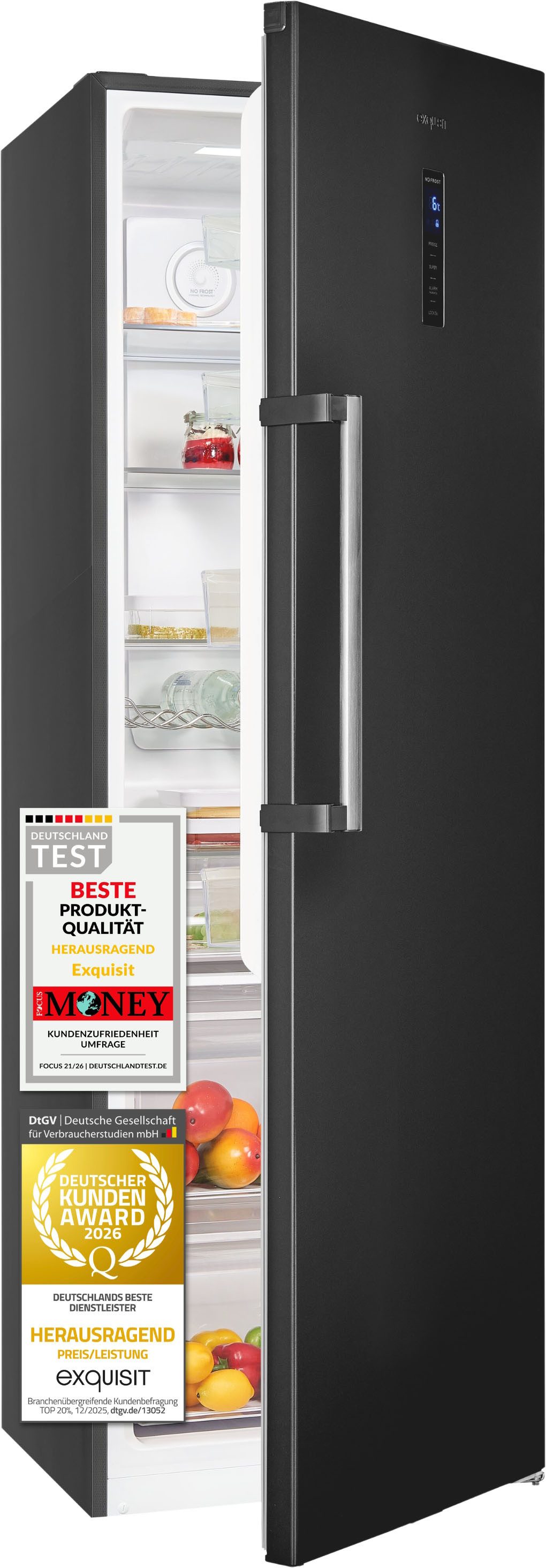 exquisit Kühlschrank KS360-V-HE-040C inoxlook-az, 185 cm hoch, 60 cm breit, Nie wieder abtauen: Vollraum-Kühlschrank mit No-Frost & LED