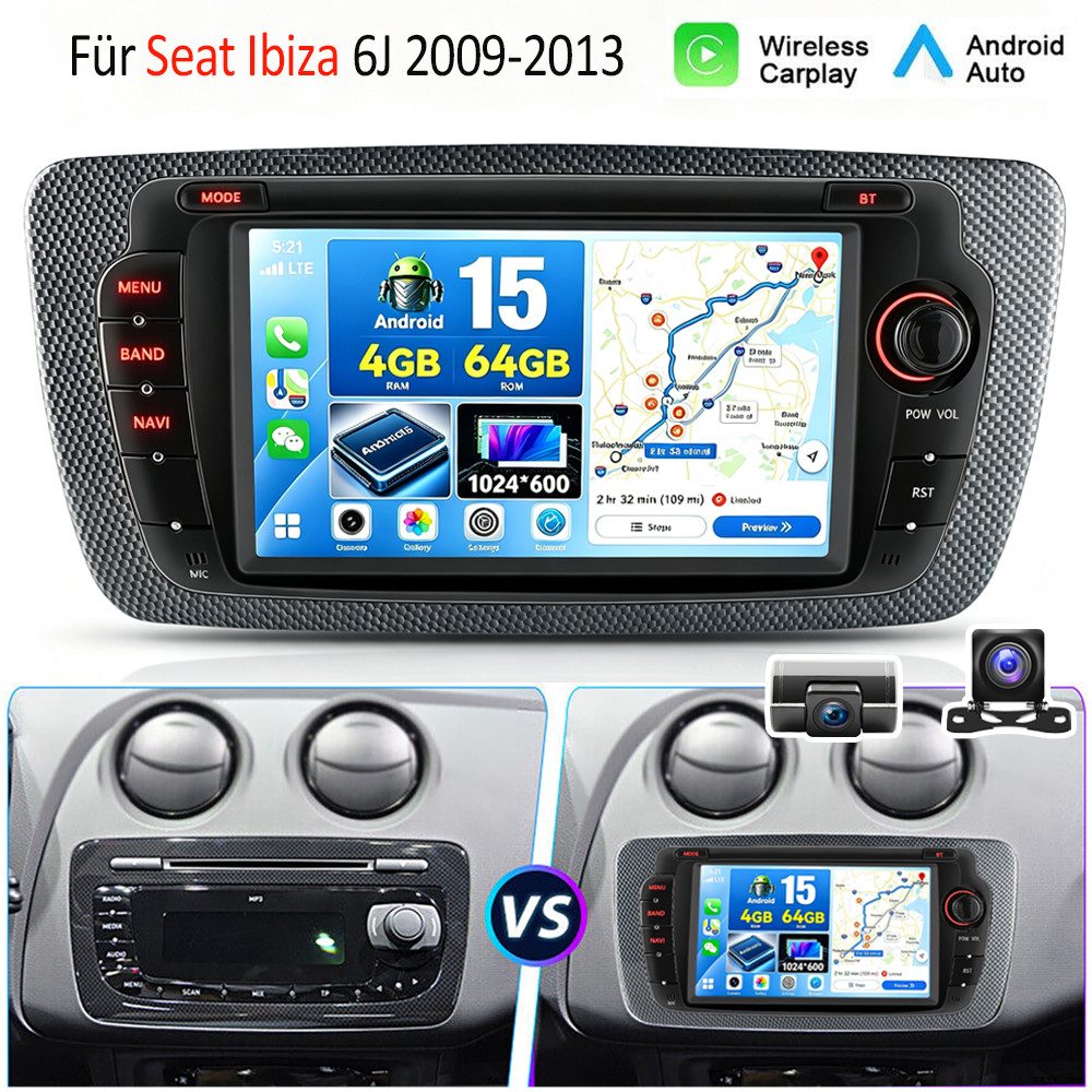 ESSGOO DAB+ 64G Android 15 Für Seat Ibiza IV 6J 2009-13 GPS Navi RDS Carplay Autoradio (AM, FM, 4+64GB(optional), RDS, DAB (optional), DAB+ (optional), Apple Carplay & Android Auto,2+64GB(optional),EQ SWC,DBA)