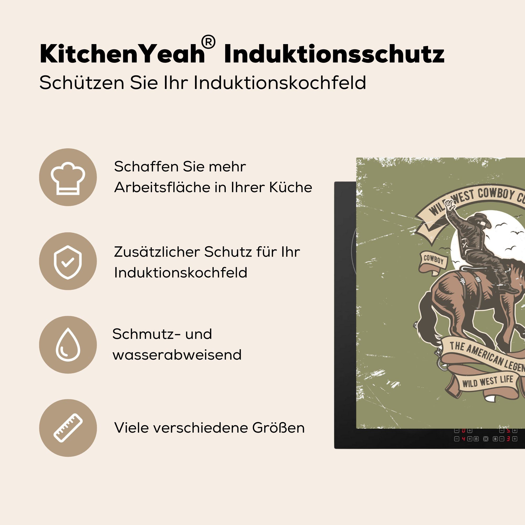 Pistole küche Vinyl, Ceranfeldabdeckung, MuchoWow tlg), - cm, Pferde Herdblende-/Abdeckplatte Arbeitsplatte Cowboy 78x78 (1 - Retro, für -