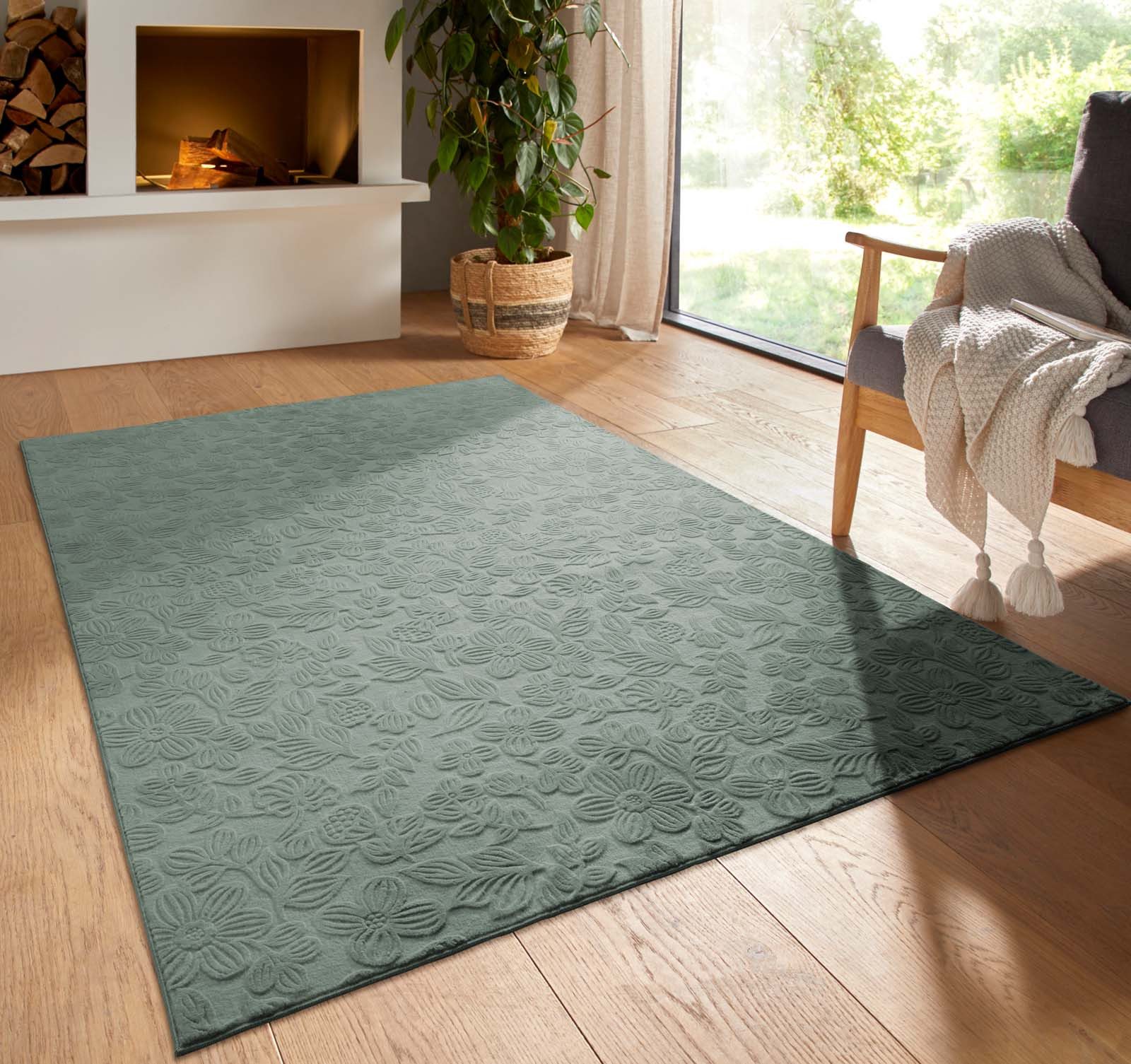 TaraCarpet Teppich TaraCarpet Homestyle 375 Flora, rund, Höhe: 10 mm, Blätteroptik hoch-tief weich waschbar grün 120x120 rund