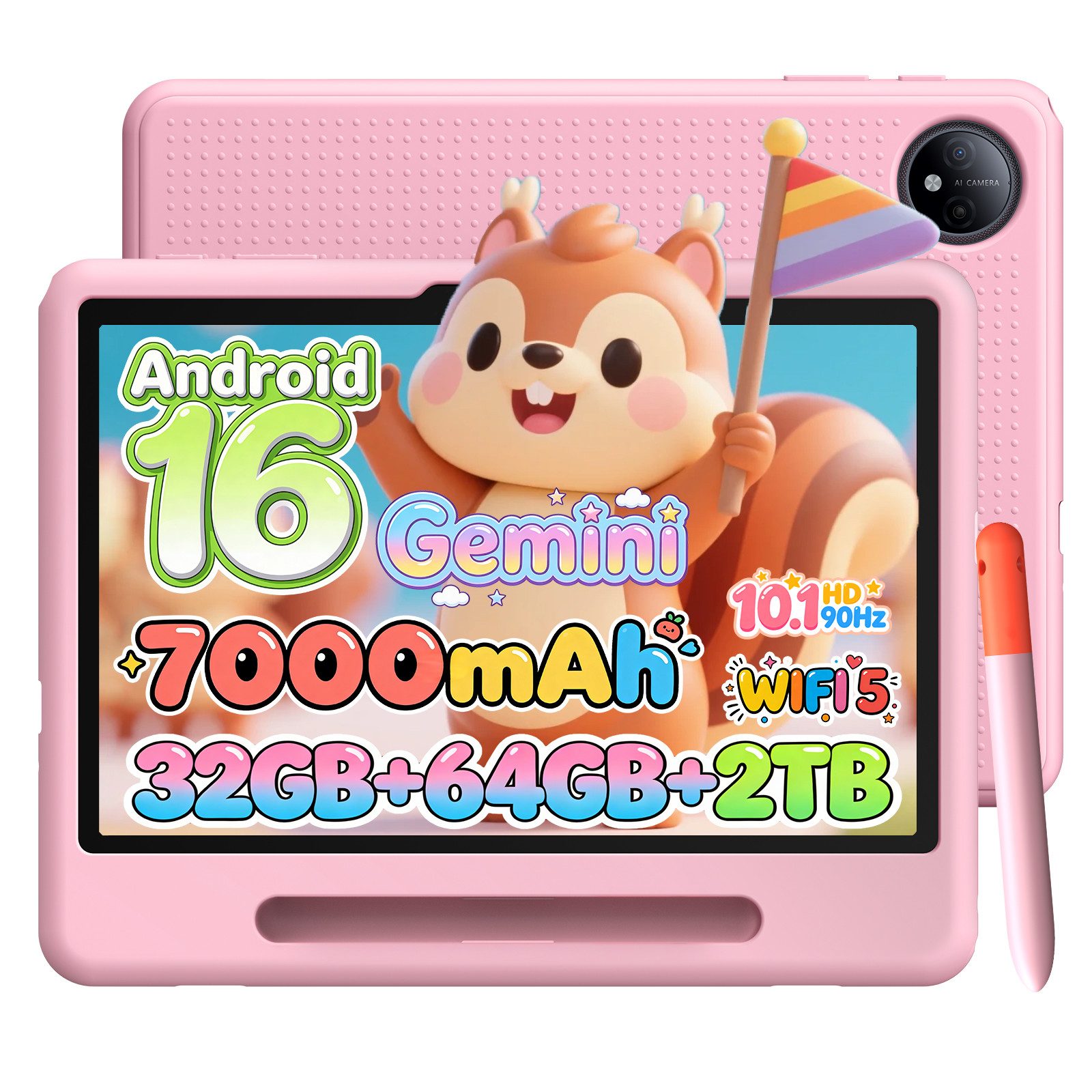 Aorlym AP10 Kid Kinder Tablet 10 Zoll, Android 16, 90Hz, Gemini AI, 64GB ROM Tablet (10.1", 64 GB, Android 16, WiFi, 7000mAh, WiFi5, OTG, Face ID, Tablet mit Kinderschutzhülle und Stift)