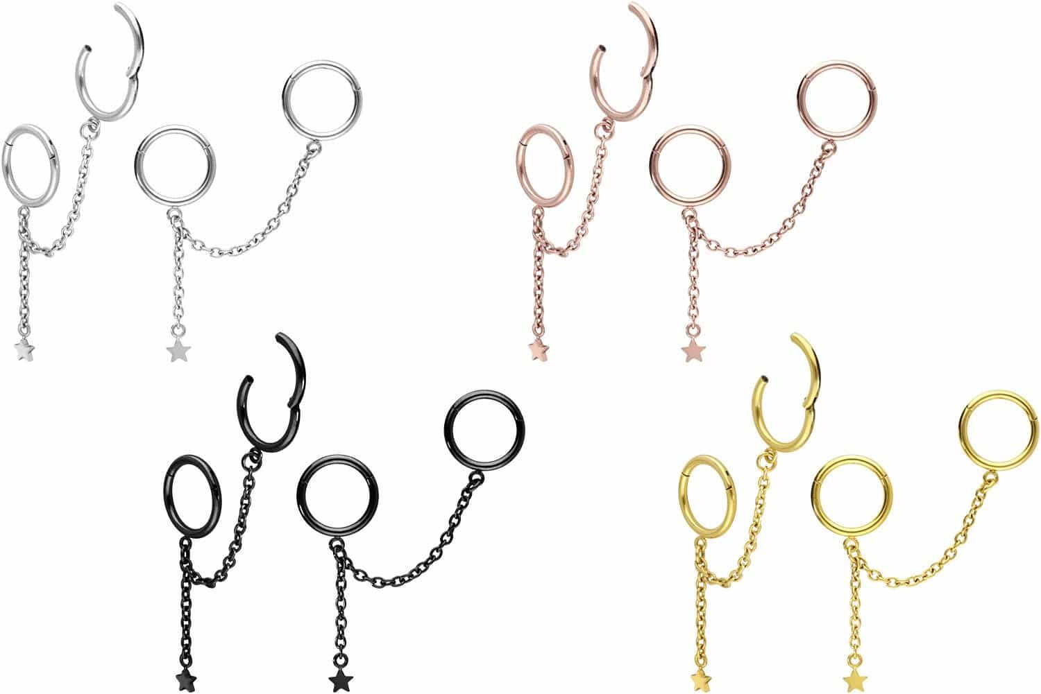 PIERCINGLINE Nasenpiercing Chirurgenstahl Segmentring Clicker 2 RINGE + KETTE + STERN Ohrpiercing (Clicker, 1-tlg), Ohrpiercing für Conch, Helix, Tragus, Daith, Lobe