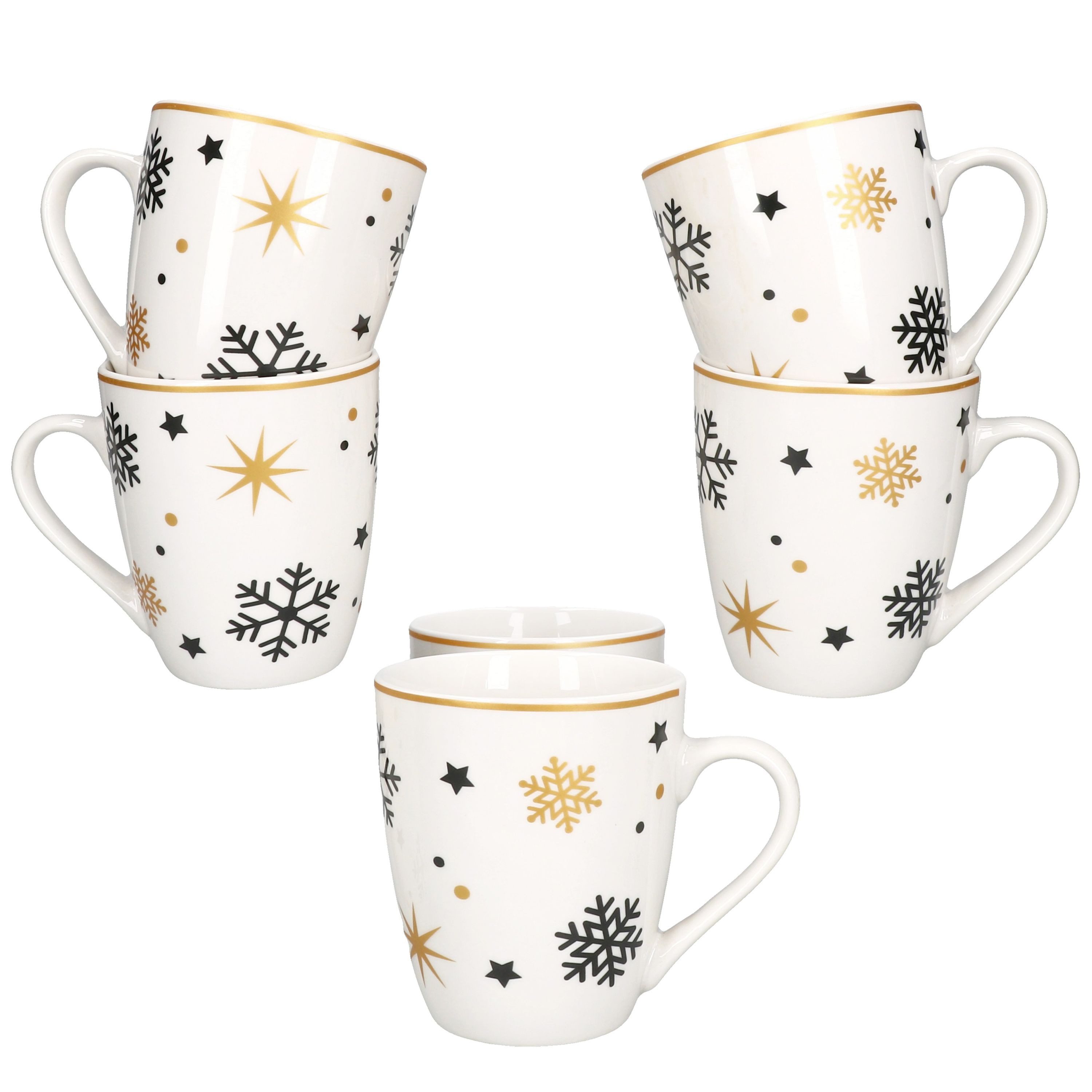 MamboCat Becher 6x Stars schwarz gold Kaffeebecher 300ml Steingut-Tassen 6 Personen, Steingut, Weihnachtsgeschirr, Weihnachten, Weihnachtsset, Geschirr