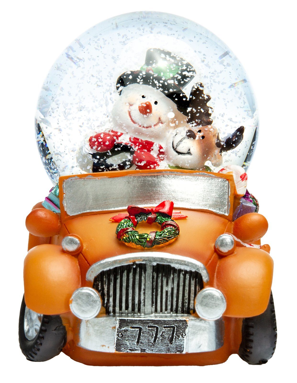 SIKORA Schneekugel SK16 Glas Winter Deko Kugel Schneemann mit Elch im Auto D:6,5cm, Besondere Winterdeko – das perfekte Geschenk für Familie & Freunde
