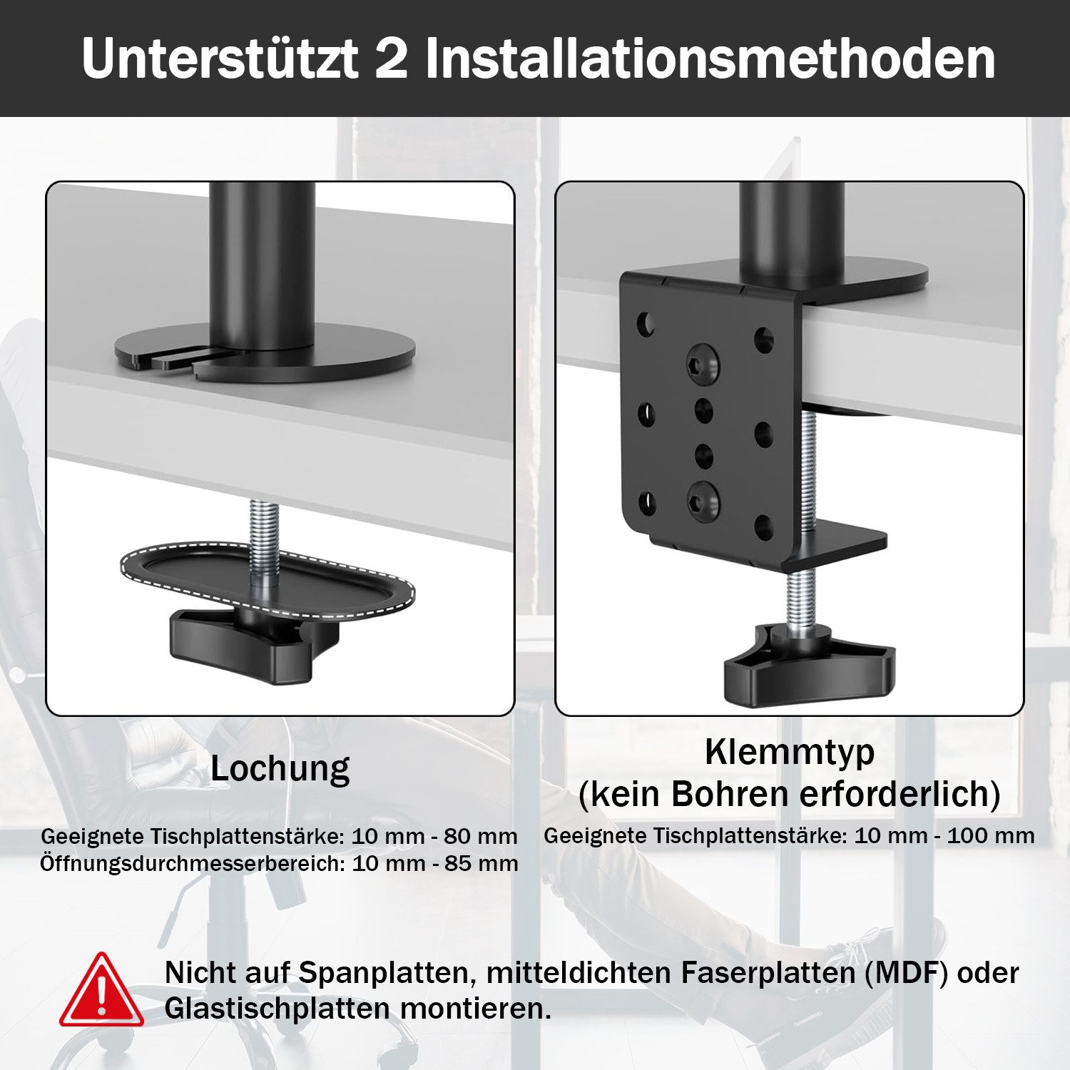 AKKEE Monitor-Halterung Bildschirmhalterung, 2 Monitore, 13"-30" Doppelarm, (bis 30 Zoll, VESA 75x75-100x100)