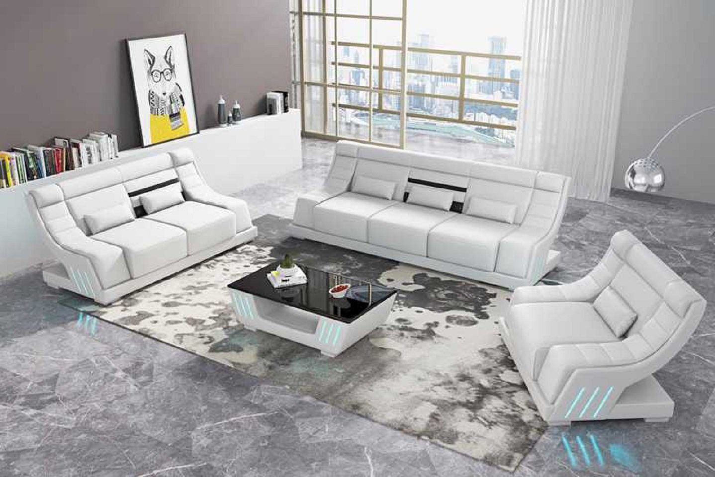 JVmoebel Wohnzimmer-Set Luxus Modern Komplette Couchgarnitur Kunstleder Sofa 321, (3-St., Nur Sofa 2+3 Sitzer + Sessel), Made in Europe Weiß