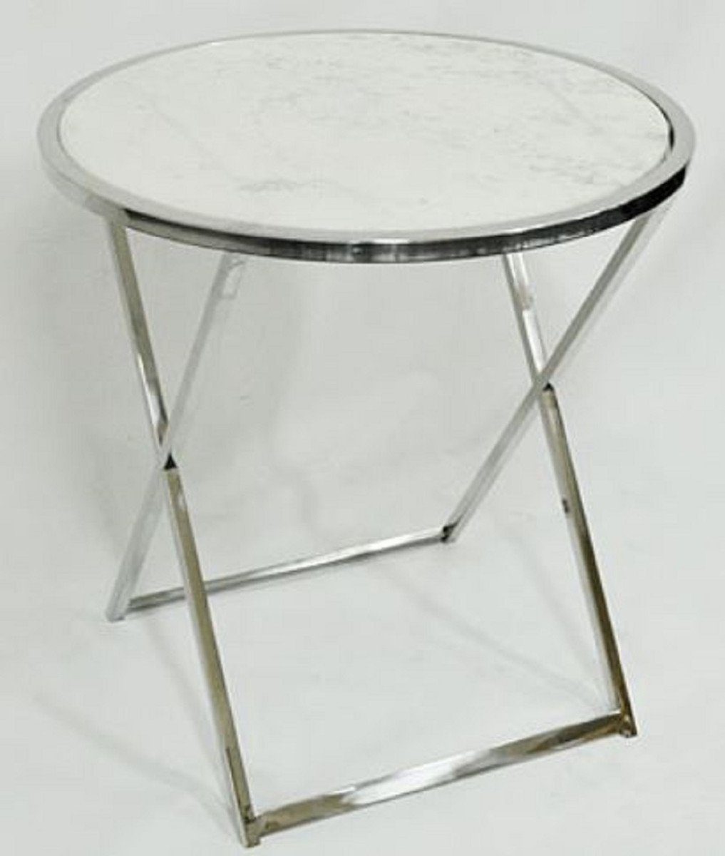 Casa Padrino Beistelltisch Luxus Beistelltisch Silber / Weiß Ø 75 x H. 76 cm - Runder Edelstahl Tisch mit Marmorplatte