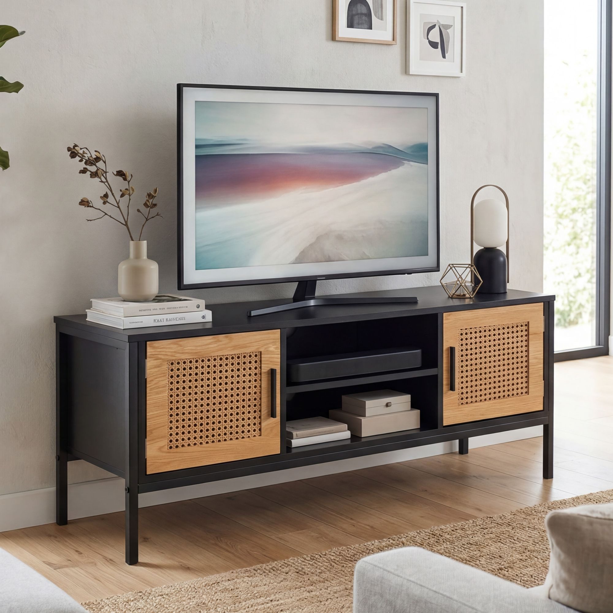 FINEBUY Lowboard FB100070 TV Schrank 110 cm Holz Schwarz Fernsehkommode Wiener Geflecht (Schwarz / Eiche, Wiener Geflecht, 110x48x40 cm), TV-Schrank Modern Fernsehtisch, TV-Kommode Hoch