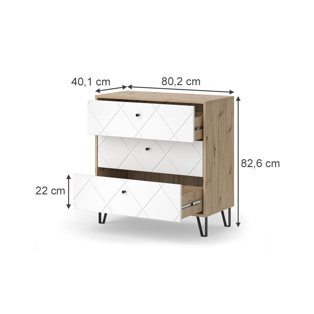 Vicco Kommode Nizza, Artisan/Weiß/Weiß, 80.2 x 82.6 cm mit 3 Schubladen (1 St)