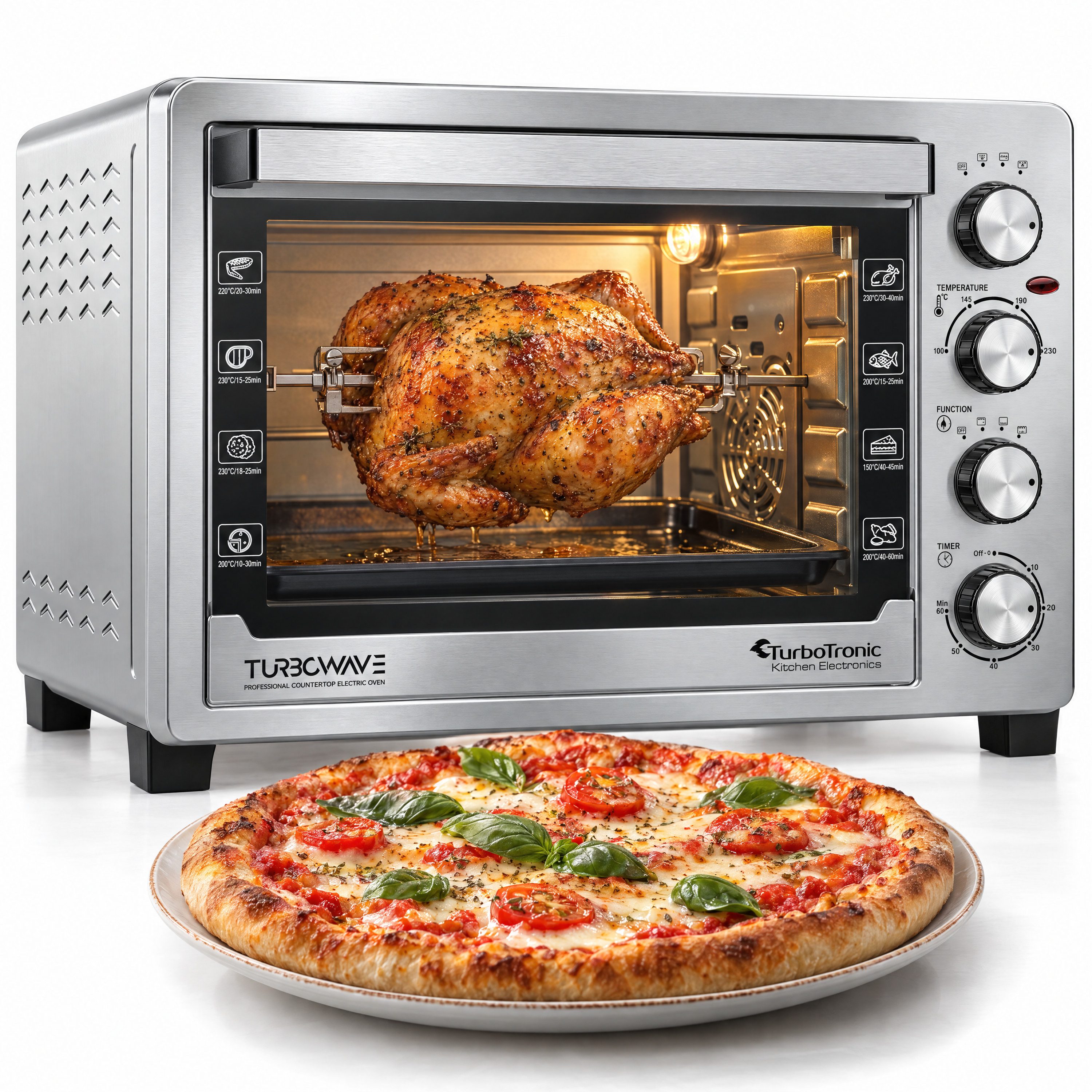 TurboTronic by Z-Line Minibackofen 2000 W 45 l Mini Backofen, Umluft, Drehspieß, Grill & Pizzaofen, Silber, Tischbackofen, Ober-/Unterhitze, Timer, Innenlicht, Doppelglas