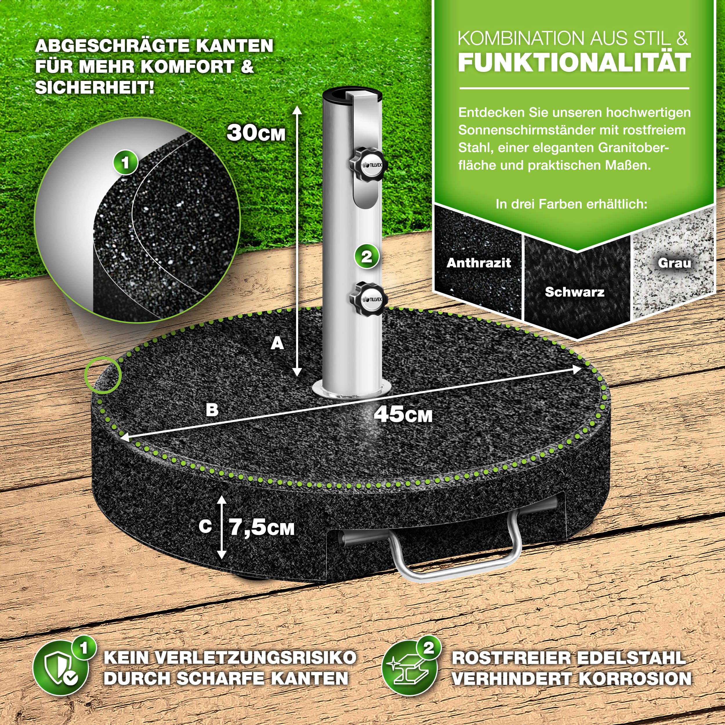 tillvex Sonnenschirm tillvex Granit Sonnenschirmständer, Balkonschirmständer für Schirmstöcke 16-48 mm & 300cm Schirmdurchmesser, Sonnenschirm, Granit Sonnensch – Bild 2 von 5