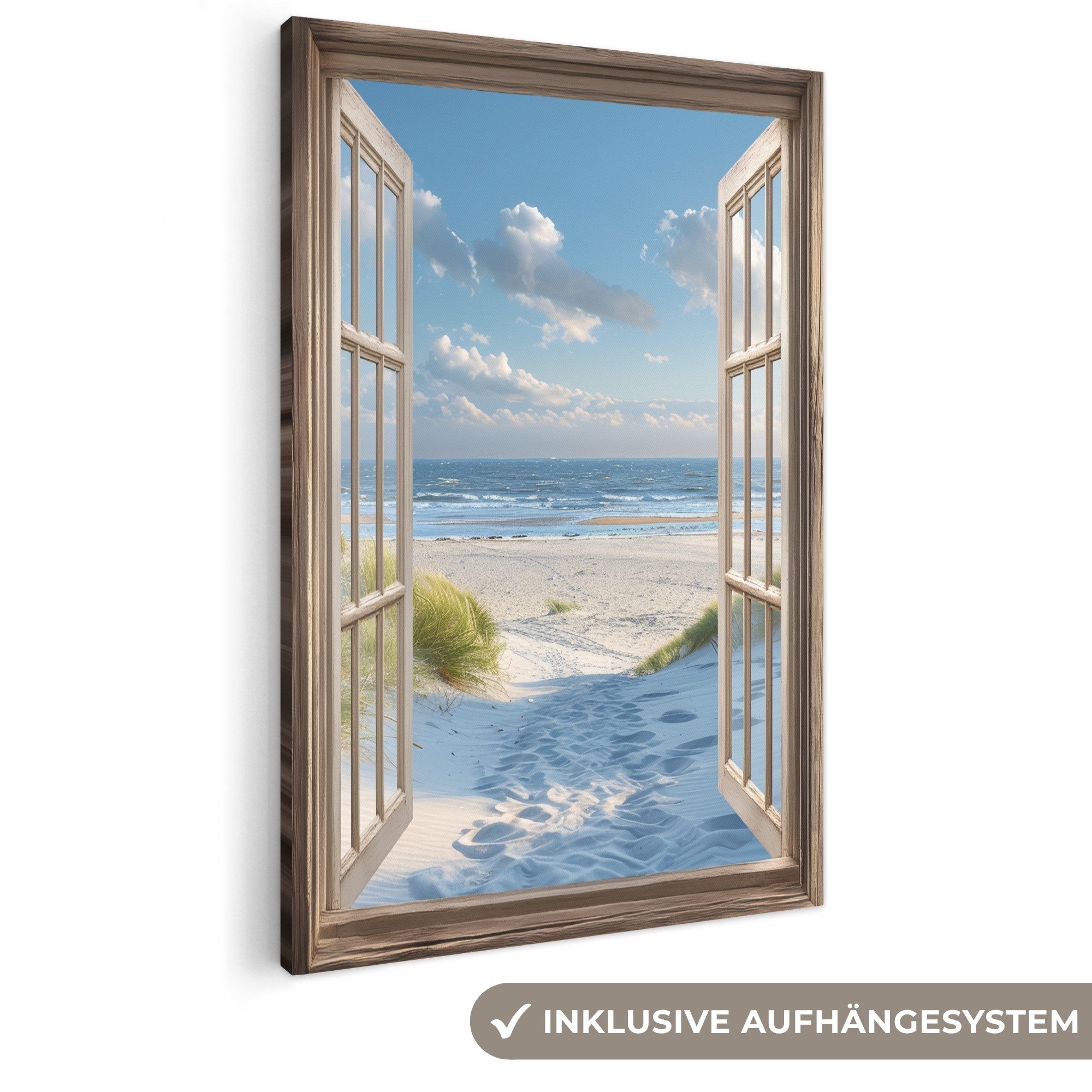 OneMillionCanvasses® Leinwandbild Aussicht - Strand - Fenster - Dünen - Meer, Fotodruck (1 St), Bilder groß Wohnzimmer Schlafzimmer 80x120 cm
