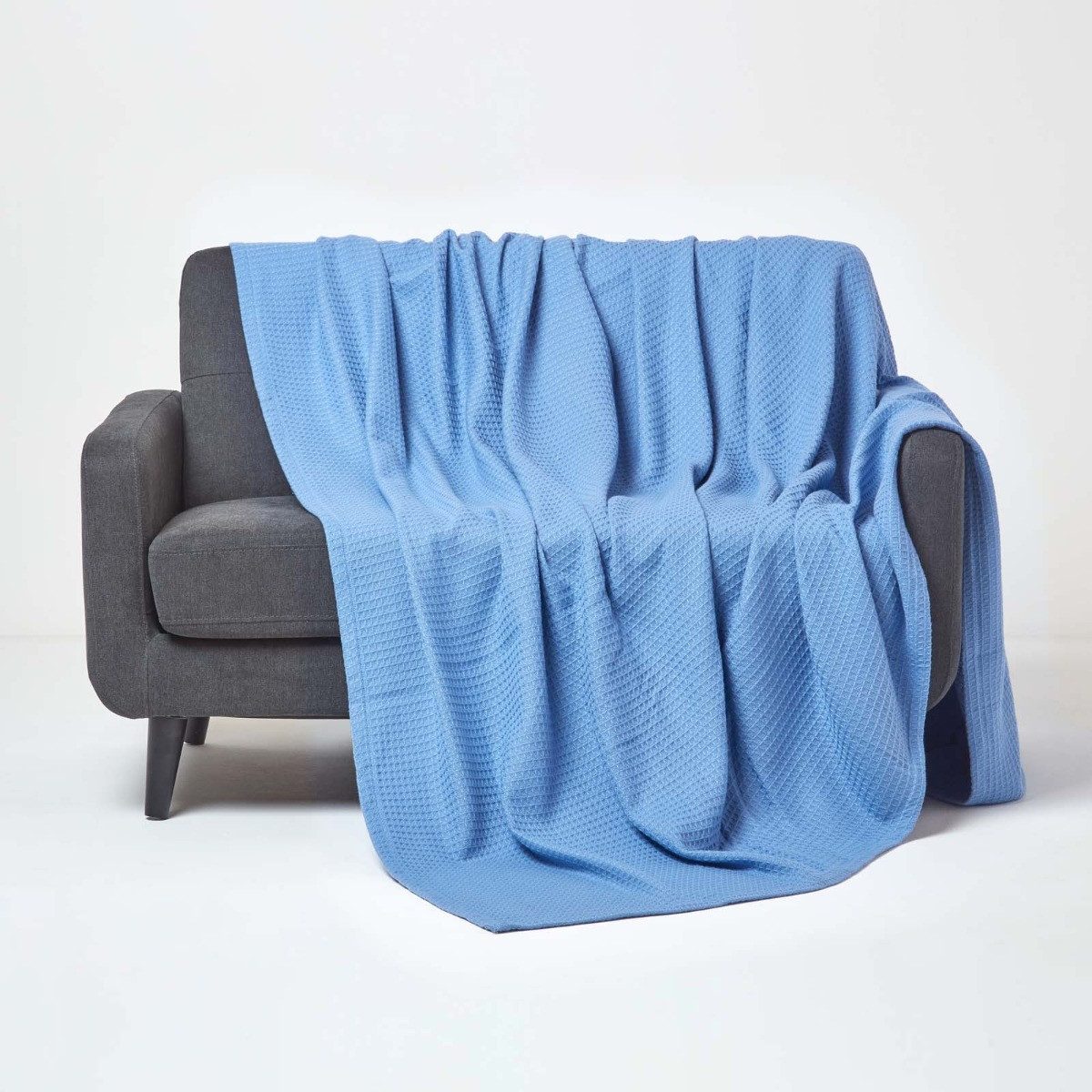 Plaid 100% Bio-Baumwolle Waffeldecke blau, 230 x 230 cm, Homescapes