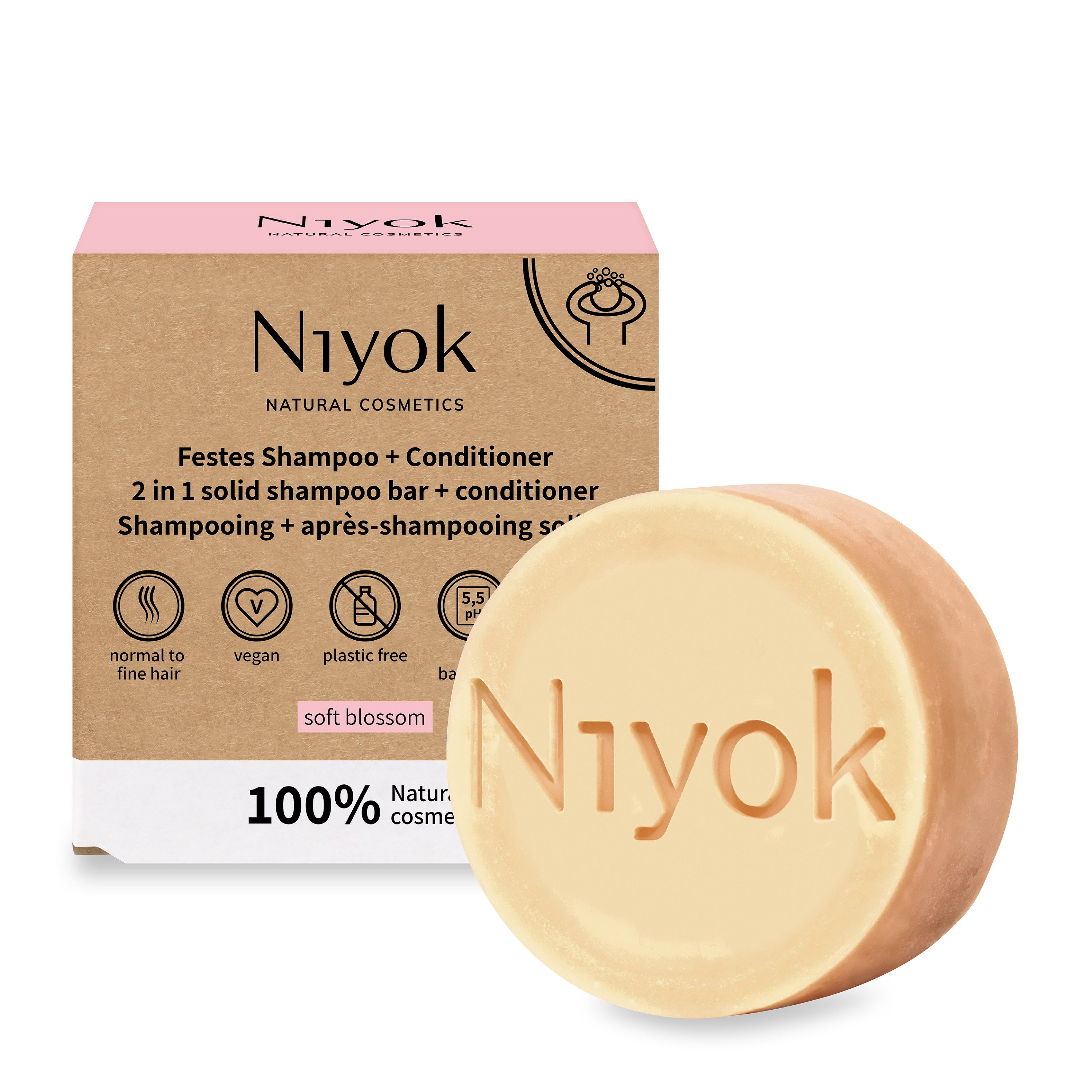 Niyok Festes Haarshampoo 2-in-1 Festes Shampoo + Conditioner Plastikfrei & Vegan, 1-tlg., Nachhaltiges Shampoo & Spülung, PH-Neutral, normales & feines Haar