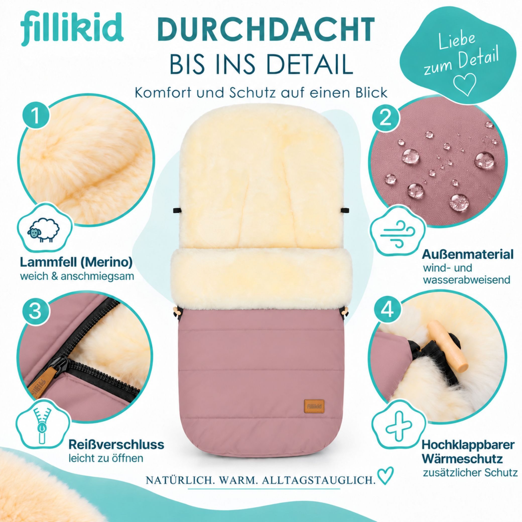 Fillikid Fußsack Winterfußsack Bernina Lammfell Exklusiv, Warmer Winterfußsack mit echtem Merino-Lammfell wasserabweisend und – Bild 3 von 5