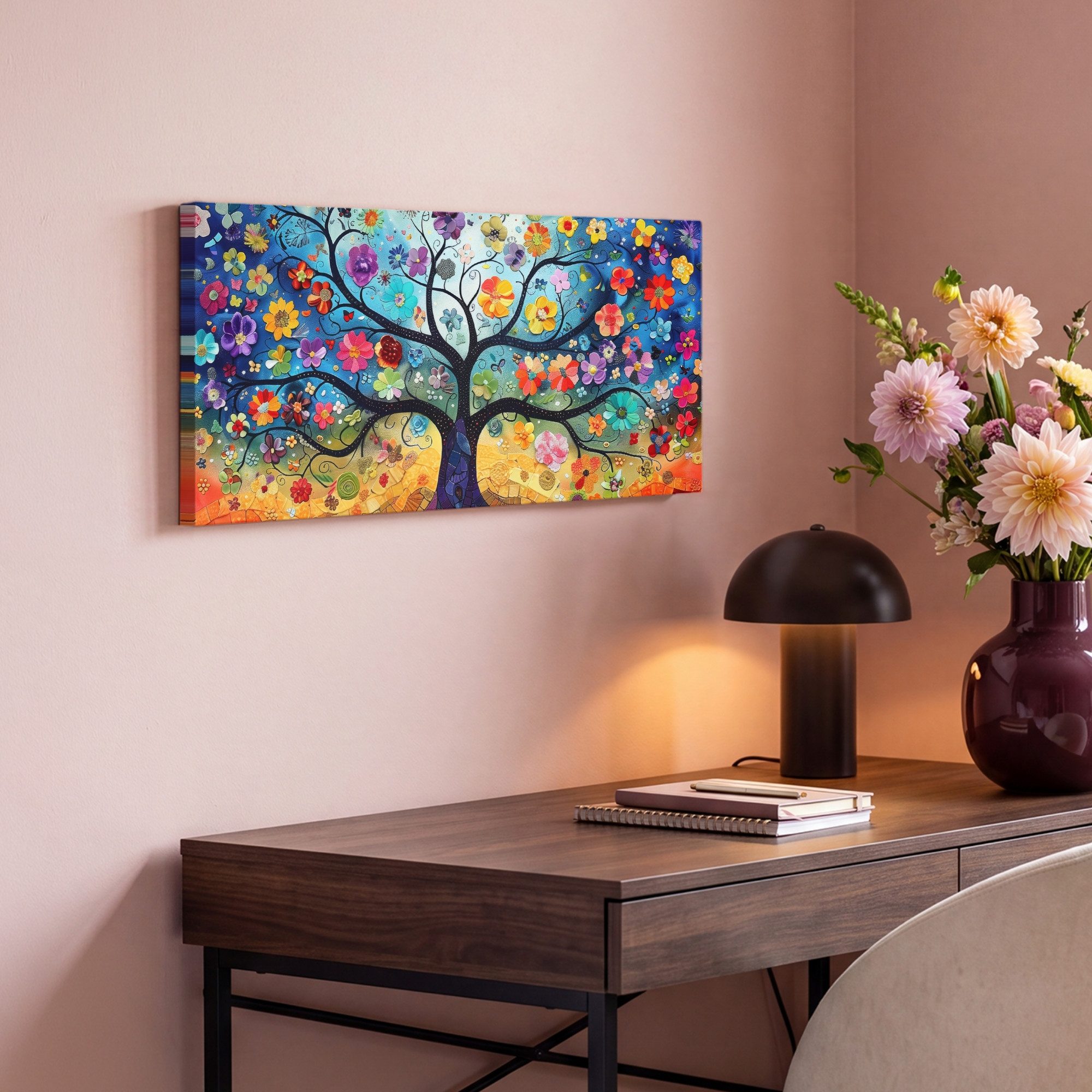 OneMillionCanvasses® Leinwandbild Panorama Baum - Bunt - Blumen - Kunst - Abstrakt, Fotodruck (1 St), Wandbild, Deko Schlafzimmer Wohnzimmer Flur 40x20 cm – Bild 4 von 5