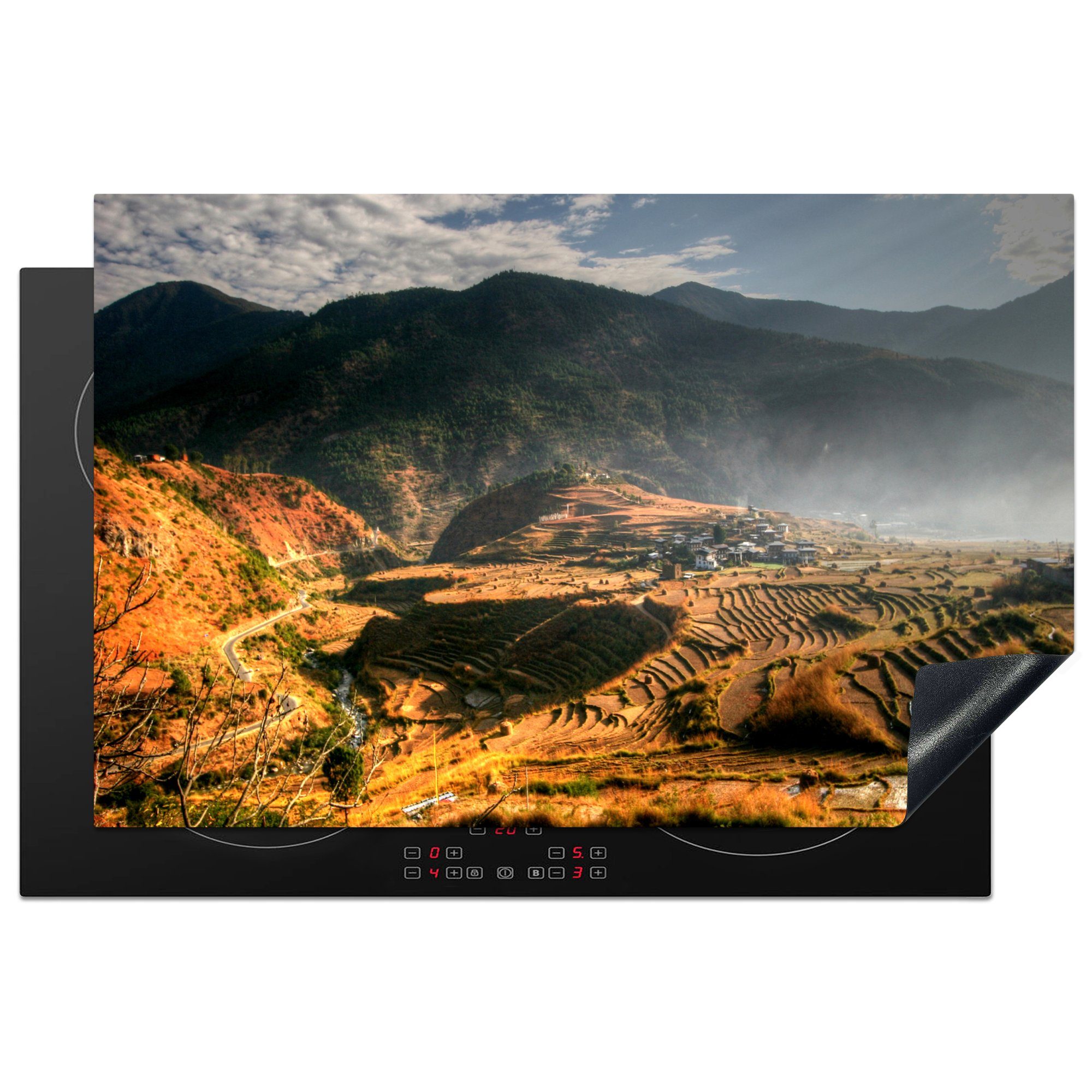 MuchoWow Herdblende-/Abdeckplatte Reisfelder in Bhutan, Vinyl, (1 tlg), 81x52 cm, Induktionskochfeld Schutz für die küche, Ceranfeldabdeckung