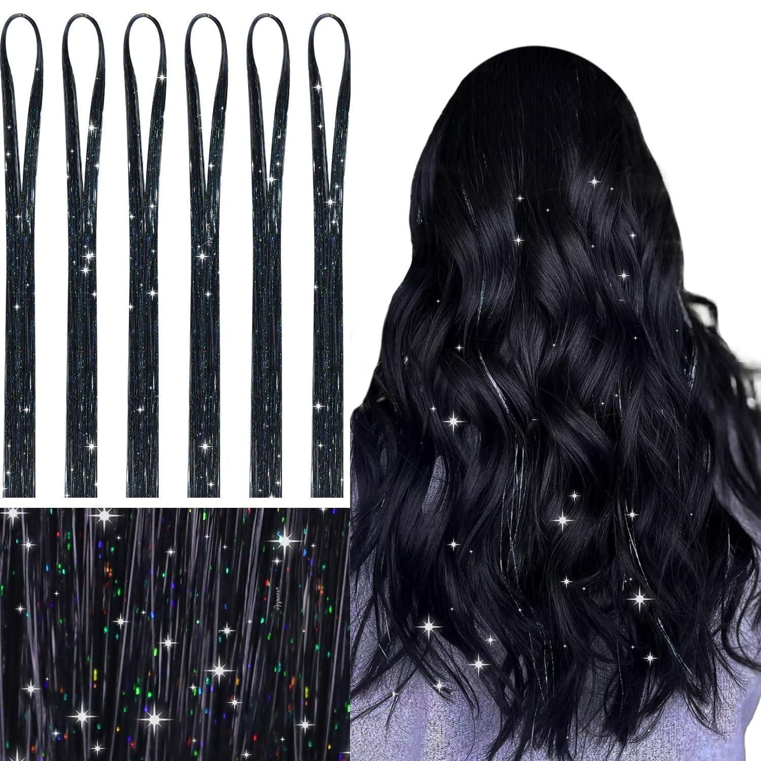 LuxusKollektion Kunsthaar-Extension Haarsträhnen Glitzer 1200 Festival Party 120cm 6er Pack T Schwarz