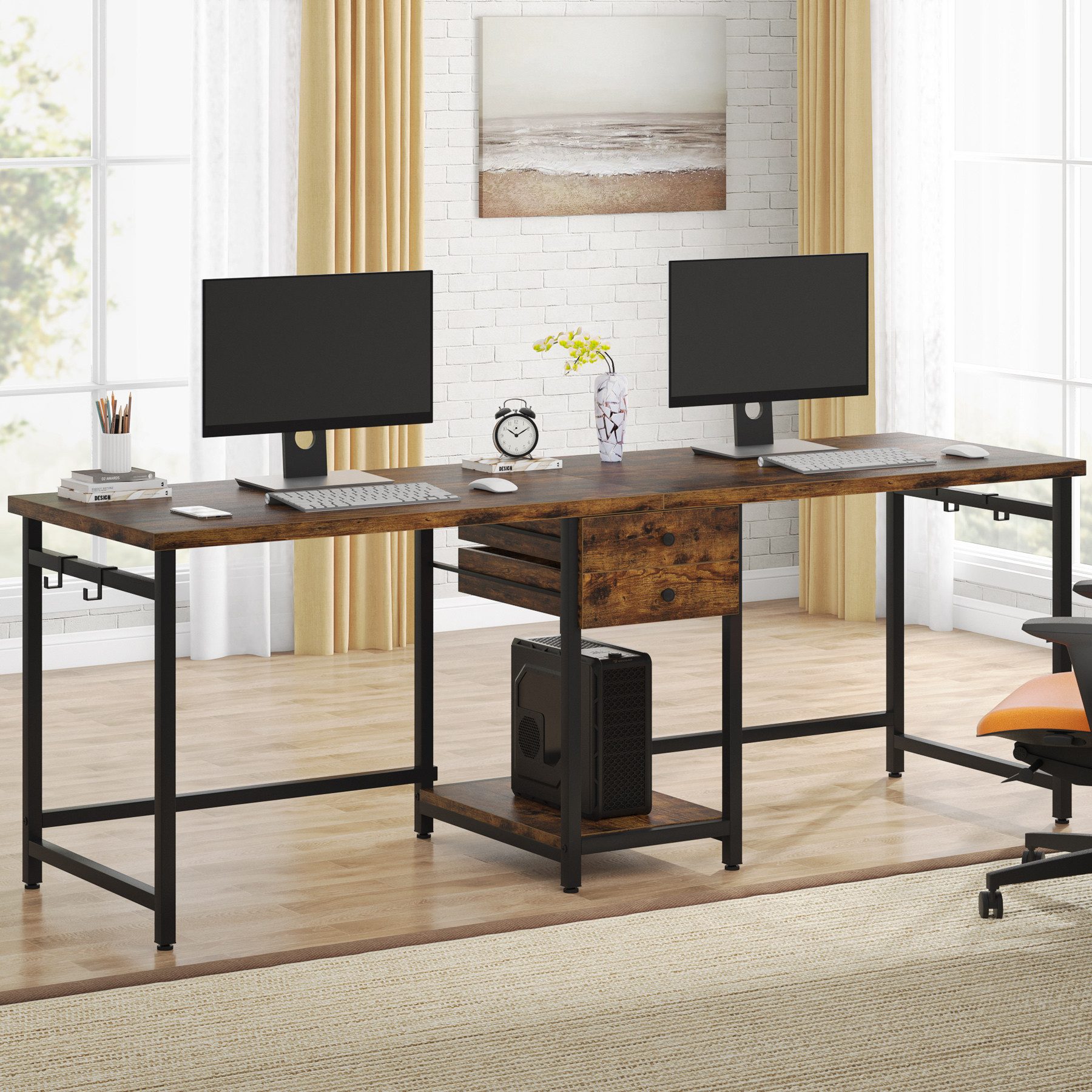 Tribesigns Doppelschreibtisch 200 cm Extra Langer Schreibtisch, Doppelschreibtisch mit 2 Schubladen