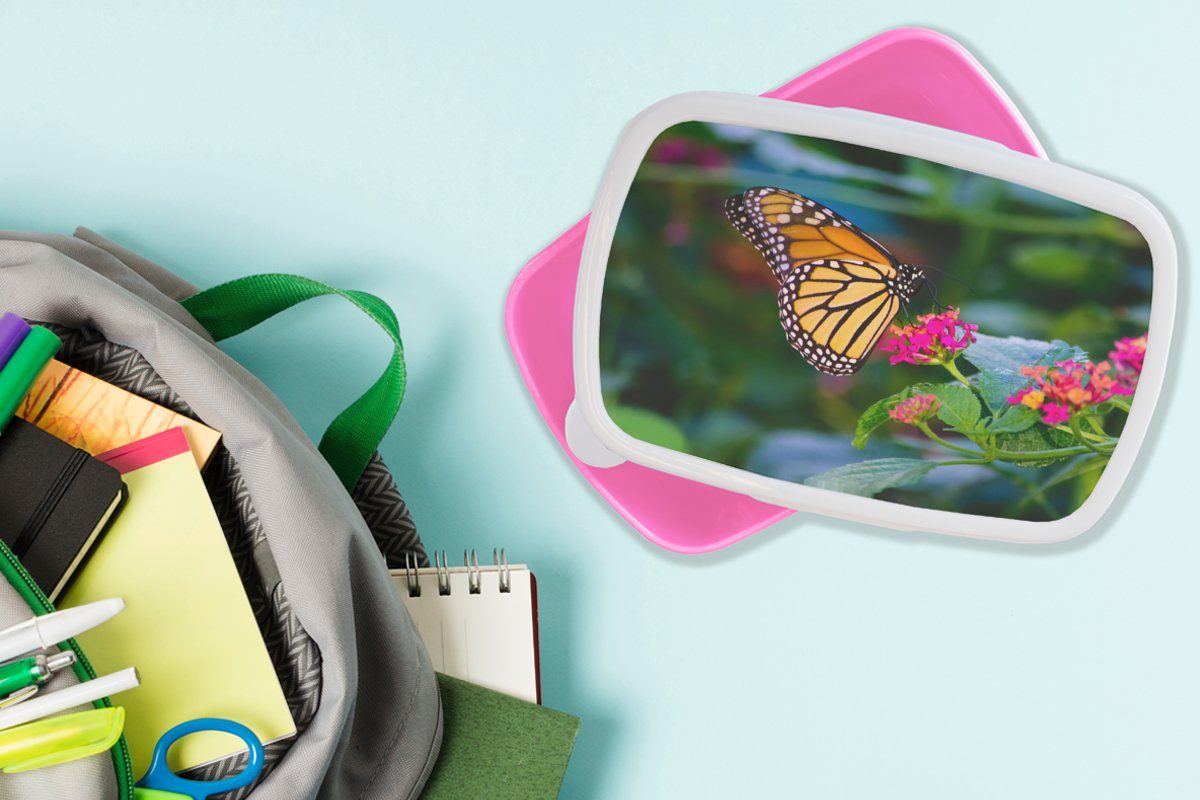 MuchoWow Lunchbox Schmetterlinge - Kunststoff Kinder, Kunststoff, Erwachsene, für Snackbox, Blume Brotbox rosa Mädchen, (2-tlg), - Natur, Brotdose