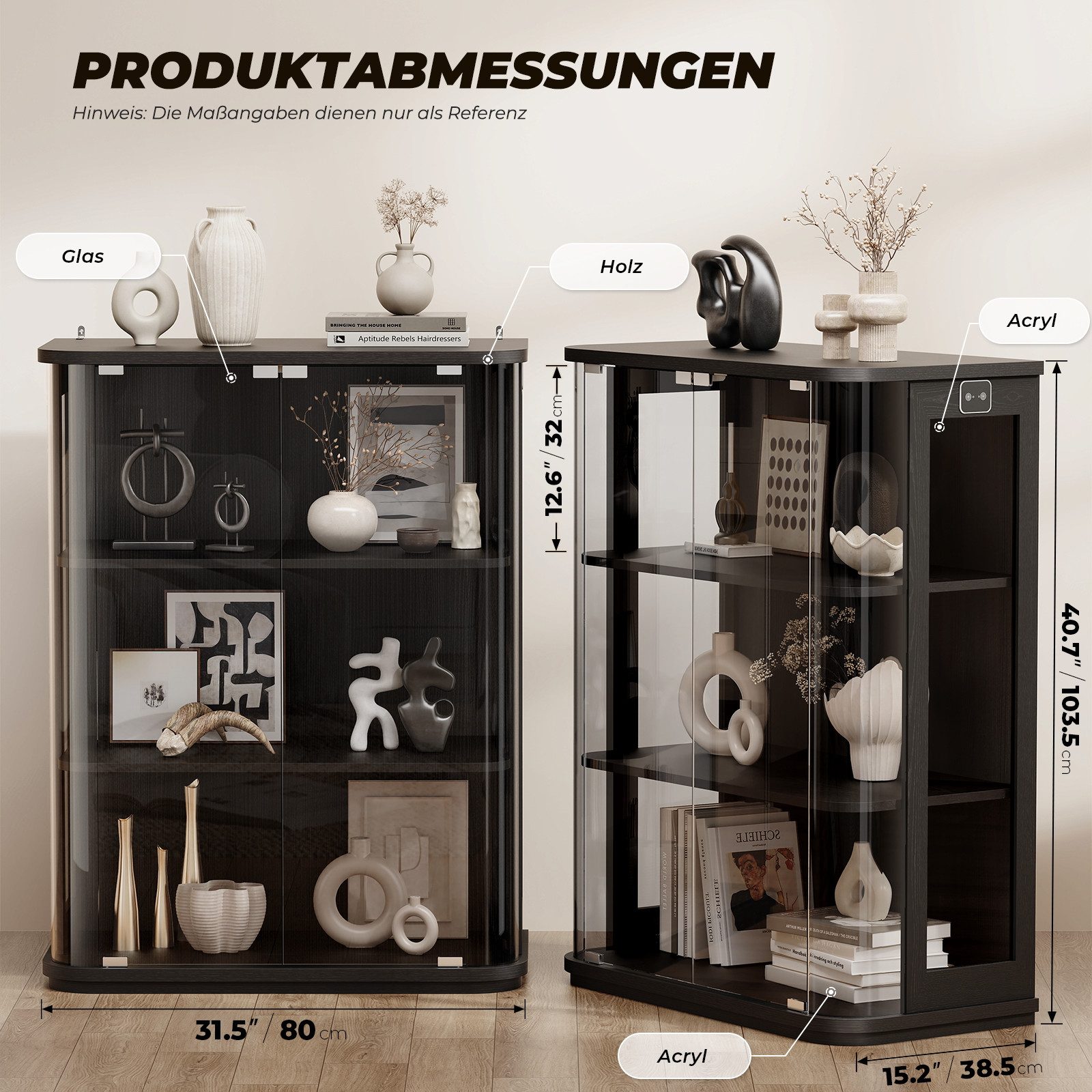 BROTTAR Glasvitrine Rund 3 Ebenen LED mit Sensor (1-St) 80×38.5×103.5cm, schwarz