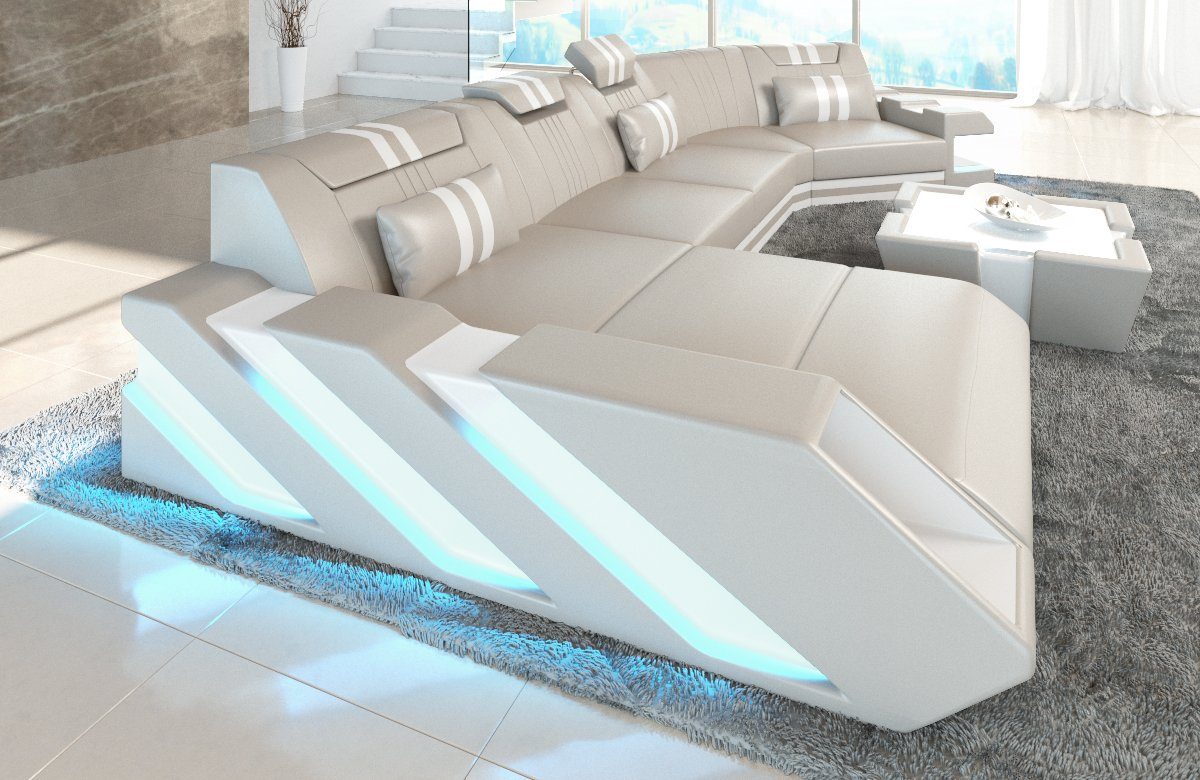 Sofa Dreams Wohnlandschaft Ledercouch Sofa Leder Apollonia C Form Ledersofa, Couch, mit LED, wahlweise mit Bettfunktion als Schlafsofa, Designersofa
