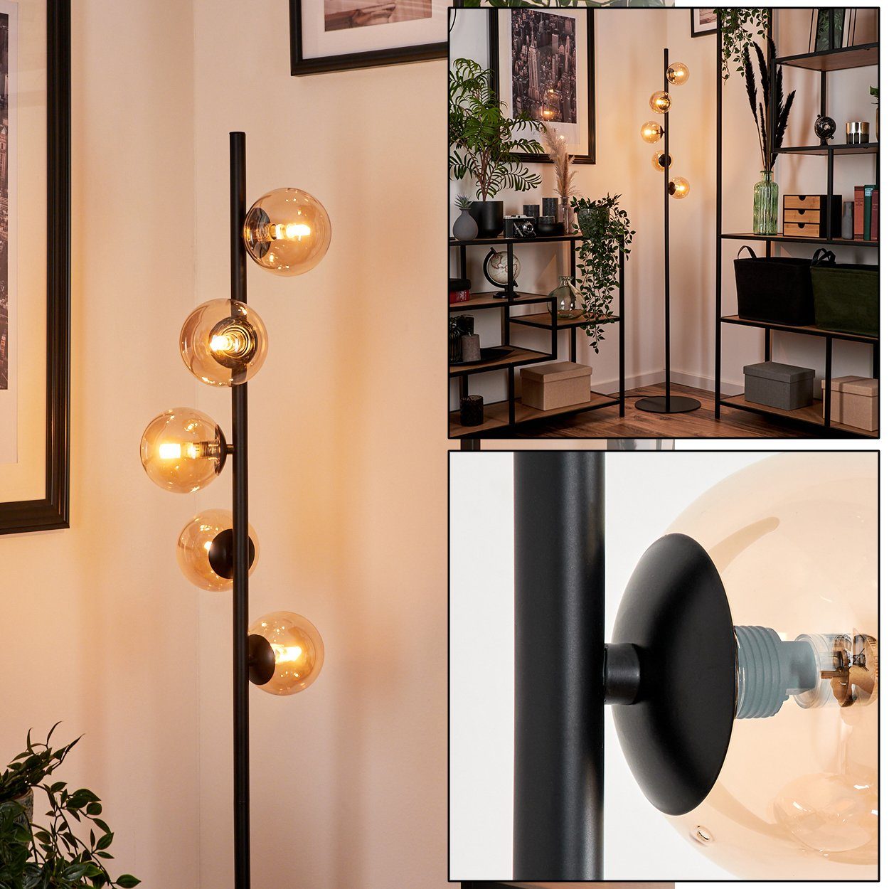 hofstein Stehlampe Stehlampe aus Metall/Glas in Schwarz/Bernsteinfarben, ohne Leuchtmittel, Standlampe im Retro-Design aus Glas, 6 x G9, ohne Leuchtmittel