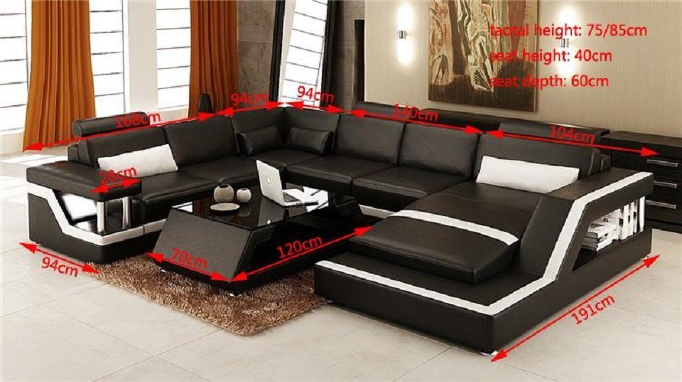 JVmoebel Ecksofa, Rote Couch U Wohnlandschaft Ledersofa Ecksofa Schwarz XXL Big Form Sofa
