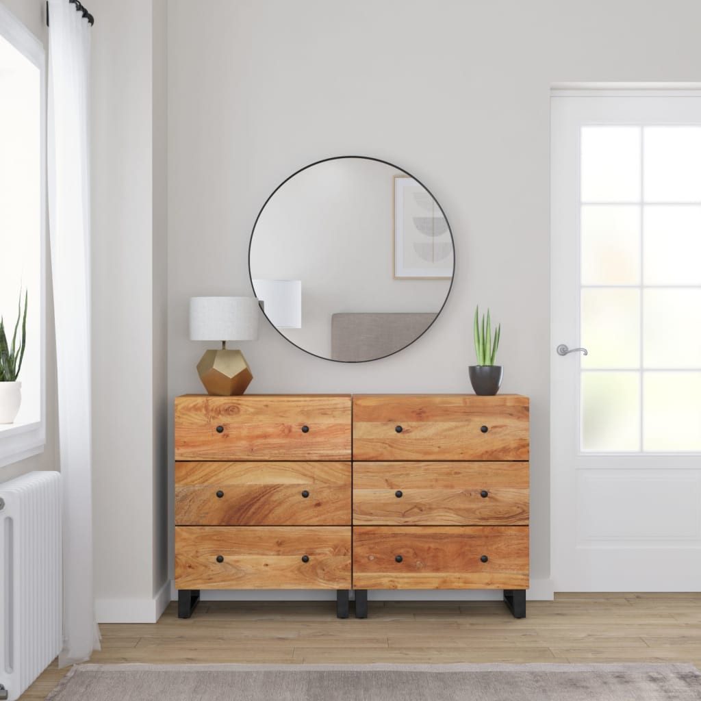 furnicato Sideboard aus Echtholz 60 x 33 x 75 cm in Naturfarben, 2er Set (1 St), Stabiles Buffet mit viel Stauraum und Wandhalterung für Wohnzimmer