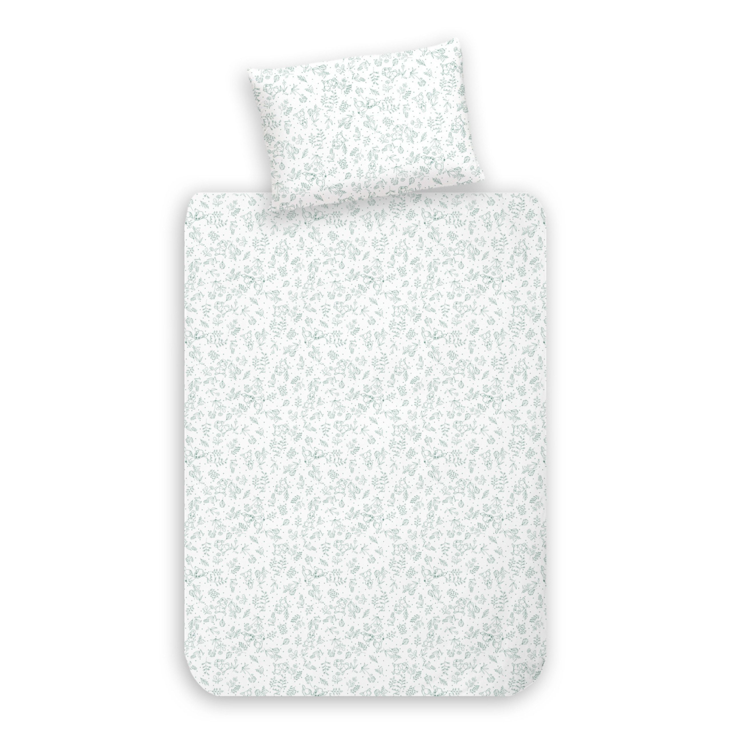 MTOnlinehandel Babybettwäsche Bambi Flower 100x135 + 40x60 cm in Renforcé • Disney, 100% Baumwolle, 2 teilig, Wende-Motiv mit Reh und Hase • Blumen • Blüten • Blätter
