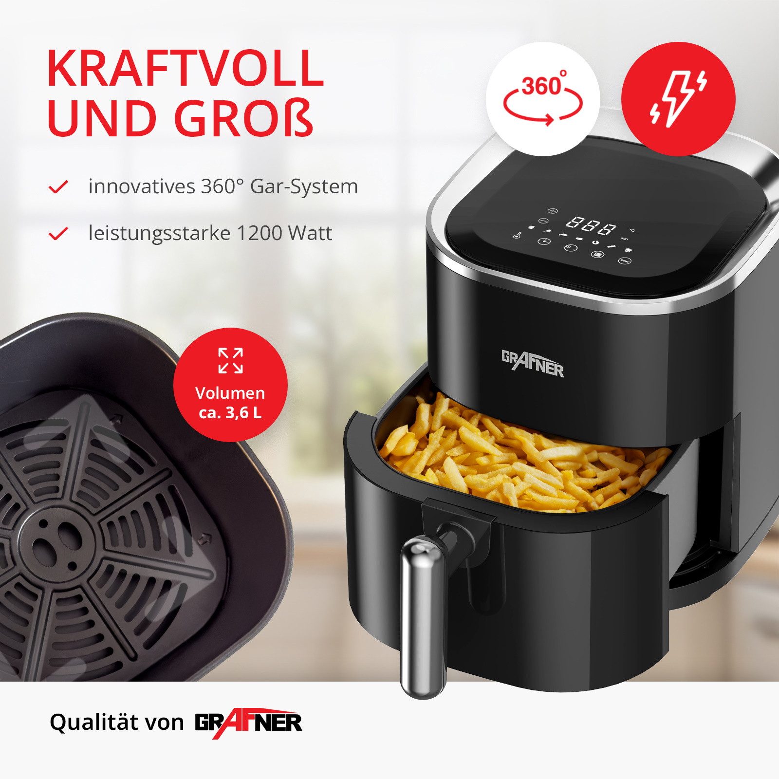 Grafner Heißluftfritteuse, 1200,00 W, 3,6 Liter Fassungsvermögen