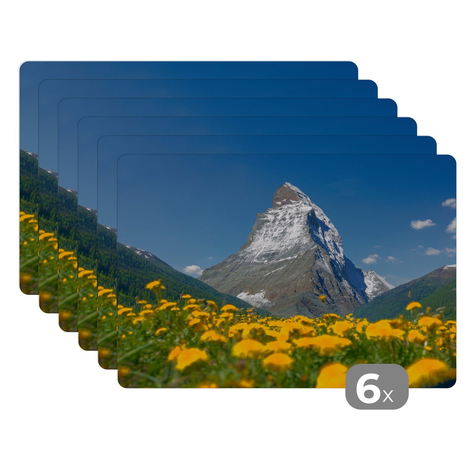 Platzset, Platzset, Schmutzabweisend Platzmatte, über Platzdecken, der Tischmatten, MuchoWow, in Matterhorn Löwenzahnwiese, einer (6-St), Schweiz Das