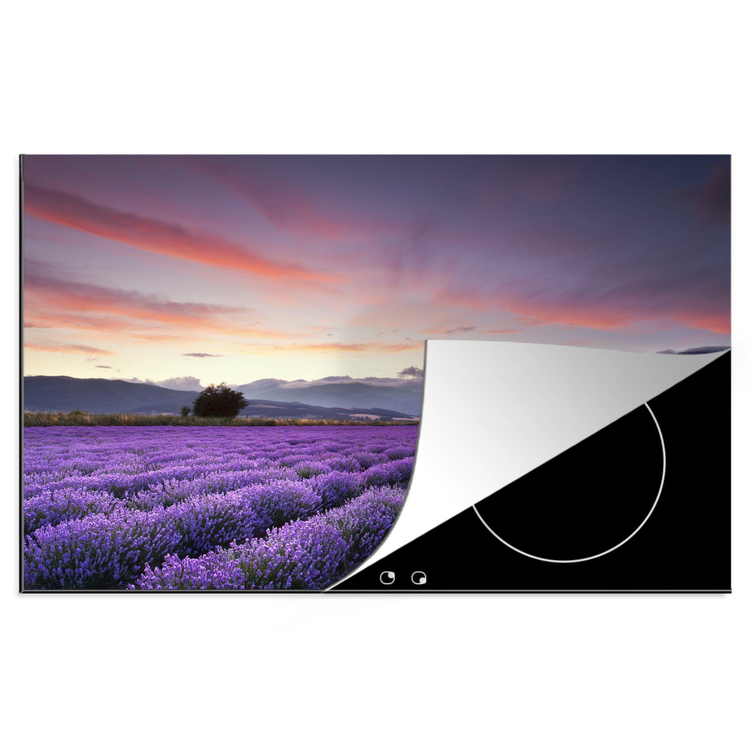 MuchoWow Herdblende-/Abdeckplatte Sonnenuntergang über Lavendel, Vinyl, (1 tlg), 81x52 cm, Induktionskochfeld Schutz für die küche, Ceranfeldabdeckung