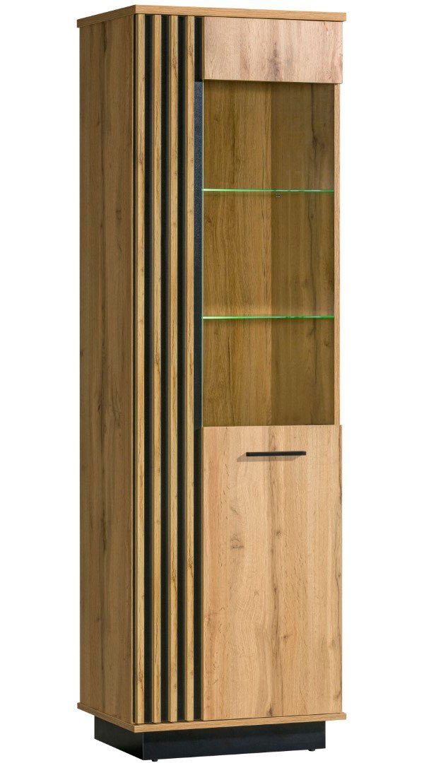 Feldmann-Wohnen Vitrine Lamia (mit Glaseinsatz, Dekoration & Beleuchtung, 1-St., Kunststoffgriffe in schwarz, Front mit dekorativen Lamellen) 60cm Wotan Eiche schwarz 1 Tür, innen 2 Holzböden & 2 Glasböden