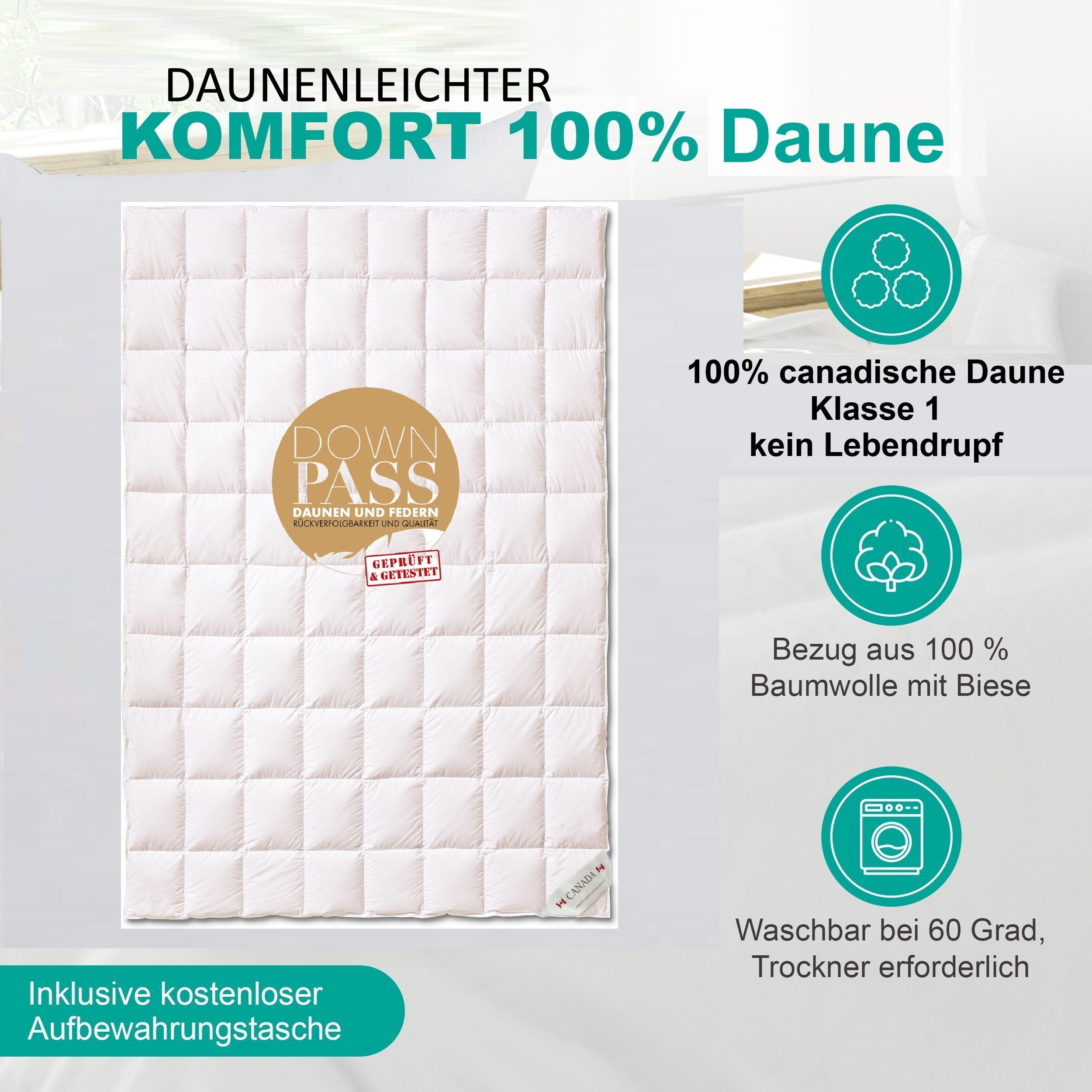 Canada Sommerbettdecke Sommer Daunendecke Steppdecke canadische Daune, Füllung: 100% Daune, Bezug: 100% Baumwolle, trockenes Schlafklima, Qualität Klasse 1, NOMITE, Downpass