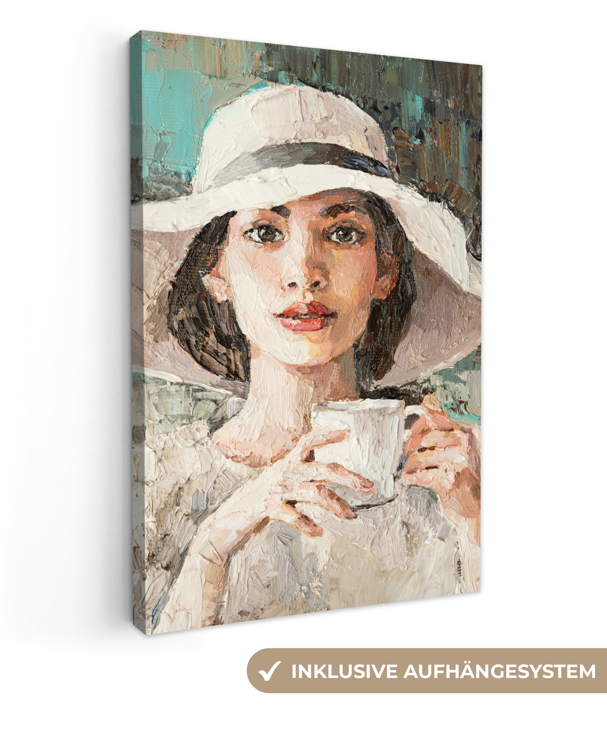 OneMillionCanvasses® Gemälde Gemälde - Frau - Ölzeug - Hut - Kaffee, (1 St), Wandbild für alle Wohnbereiche, Gemälde, XXL, großes, 80x120 cm