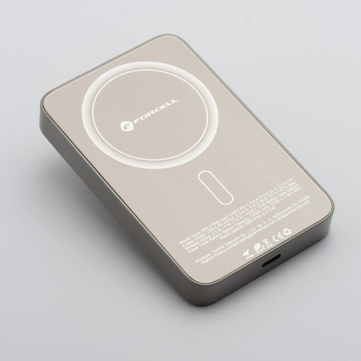 Forcell F10K8 Powerbank 10000 mAh (5, 9, 12 V), MagSafe-kompatibel, Super Slim Design, Gummierte Oberfläche
