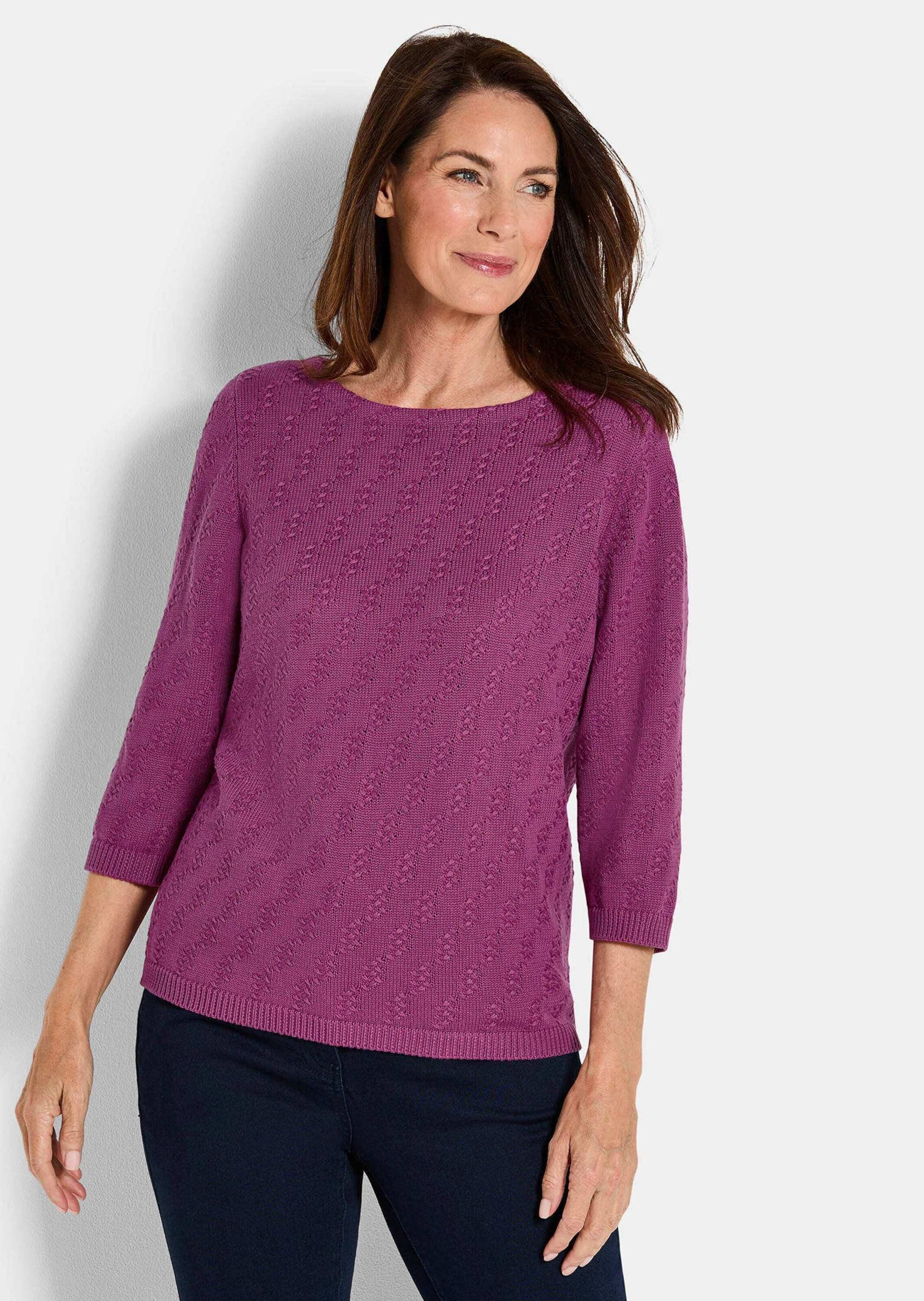 GOLDNER Вязаные свитера Halbarm Baumwollpullover mit Struktur Elegantes Strickoberteil mit U-Boot-Ausschnitt und 3/4-Ärmel