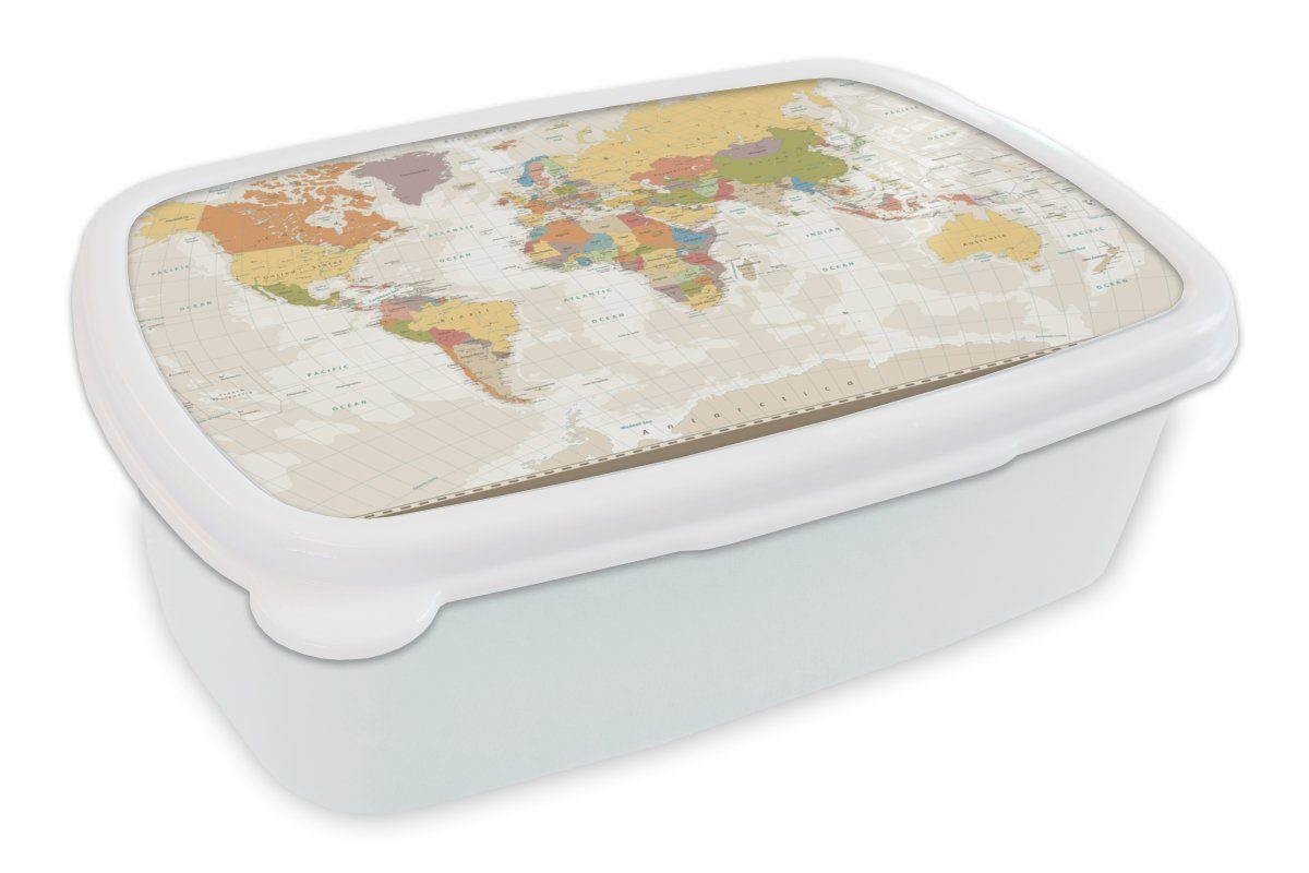 MuchoWow Lunchbox Weltkarte - Retro - Farben - Pädagogisch - Statistisch, Kunststoff, (2-tlg), Brotbox für Kinder und Erwachsene, Brotdose, für Jungs und Mädchen weiß