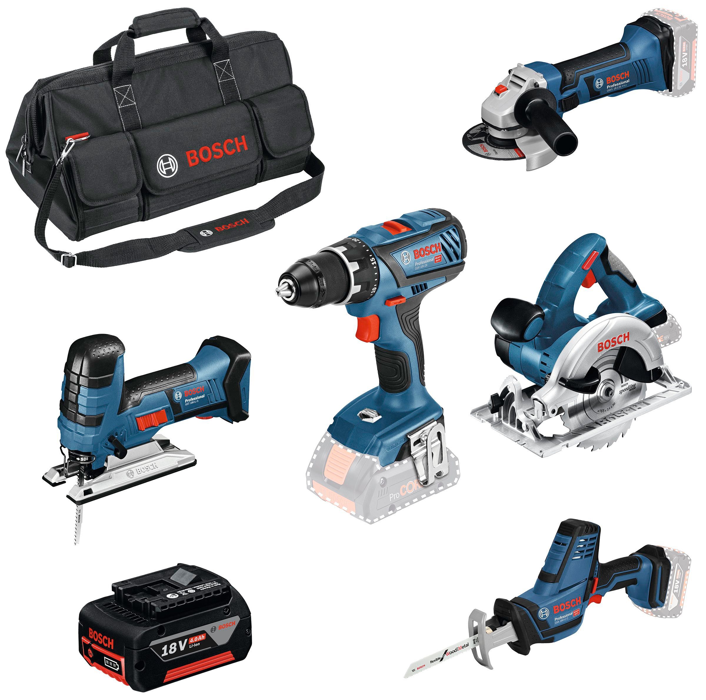 Bosch Professional Elektrowerkzeug-Set GSR, Ladegerät Tasche und inkl. GWS Akkus, & GBH, 3 9-tlg