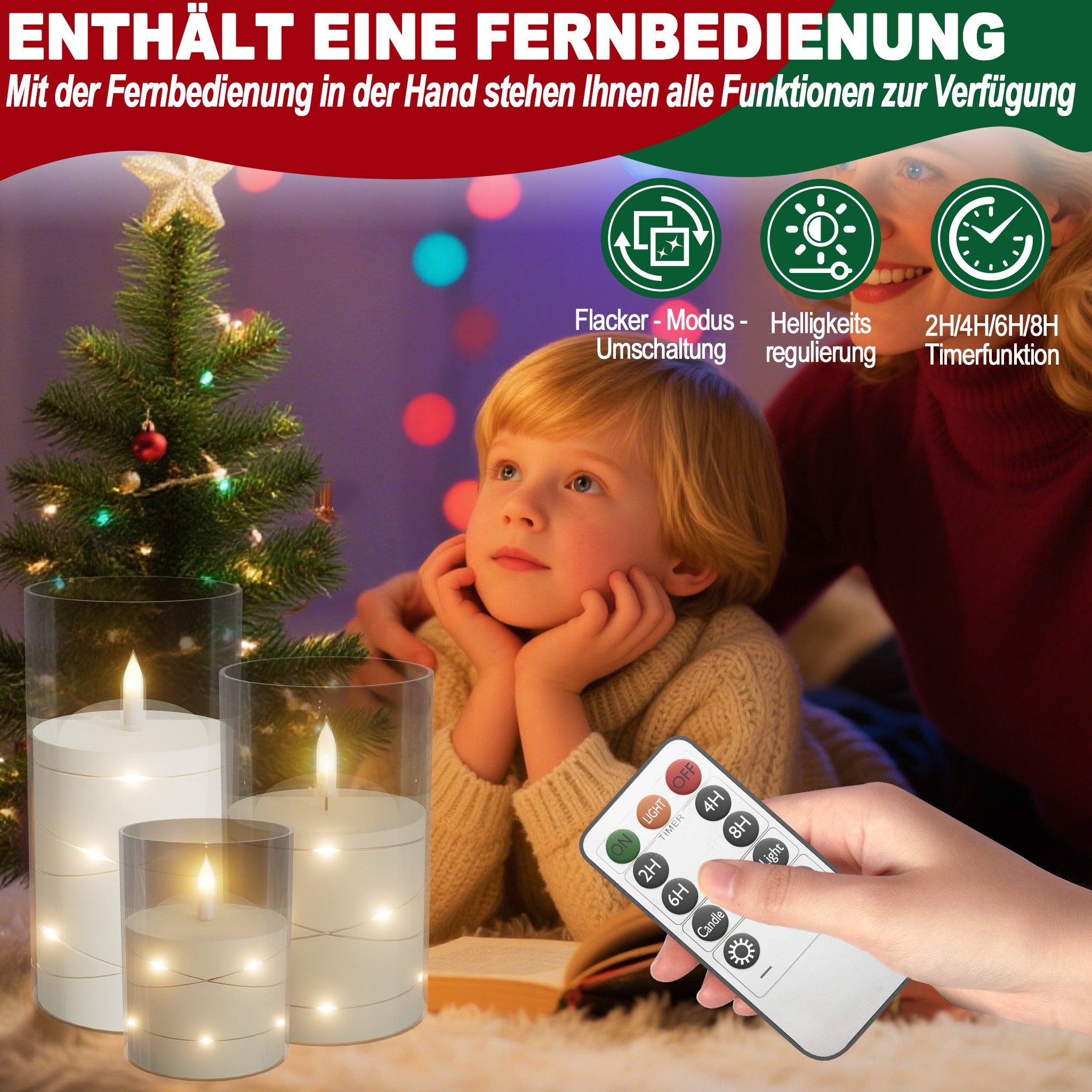 FIVMEN LED-Kerze 3/5 Stück LED Kerzen mit Eingelassener Lichterkette Für Heimdekoration (3-tlg)