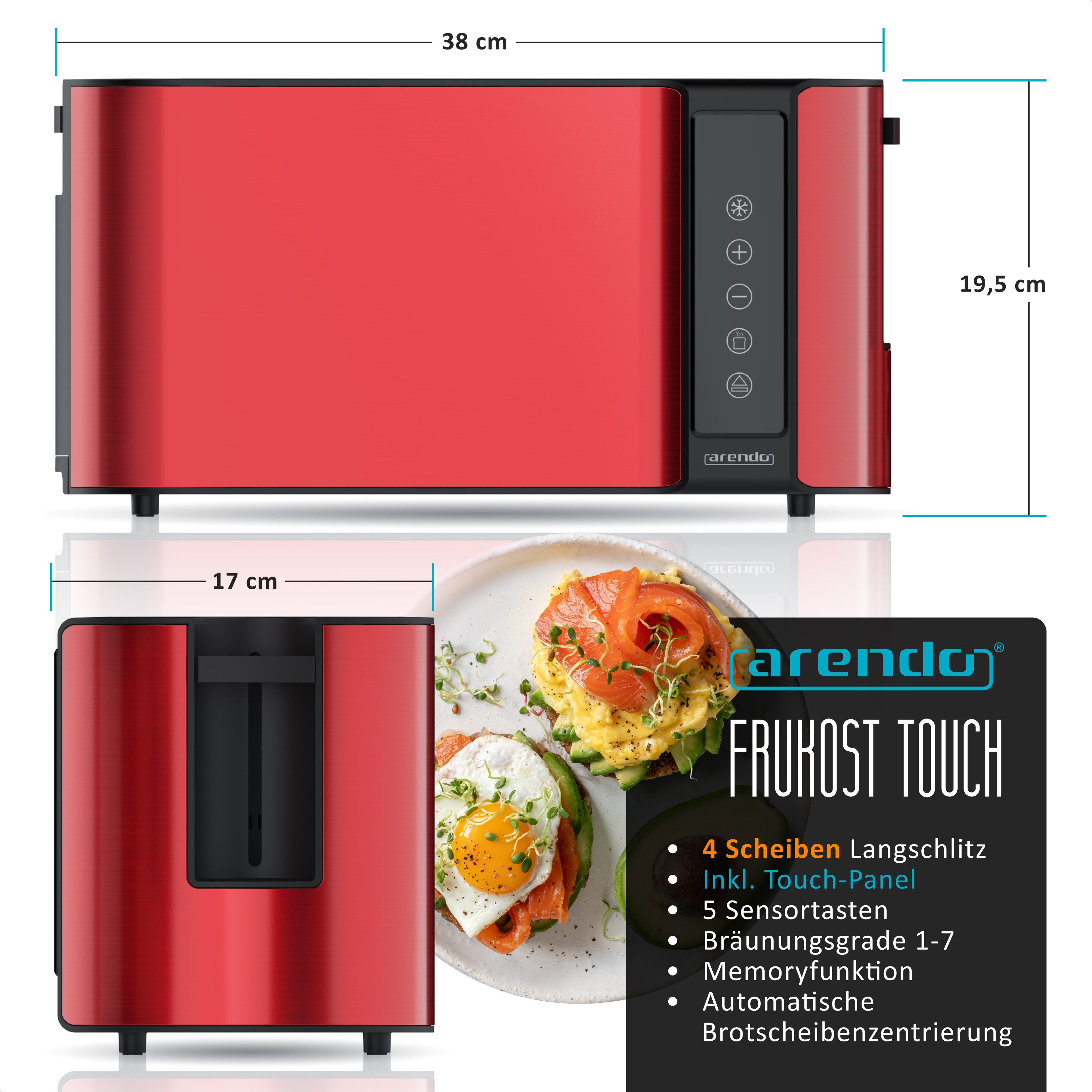 Arendo Toaster 4-Scheiben, Wärmeisoliertes Doppelwandgehäuse, Display Restzeitanzeige, 2 lange Schlitze, für 4 Scheiben, 1500 W, Langschlitz, Brötchenaufsatz, Brotscheibenzentrierung, Touchpanel