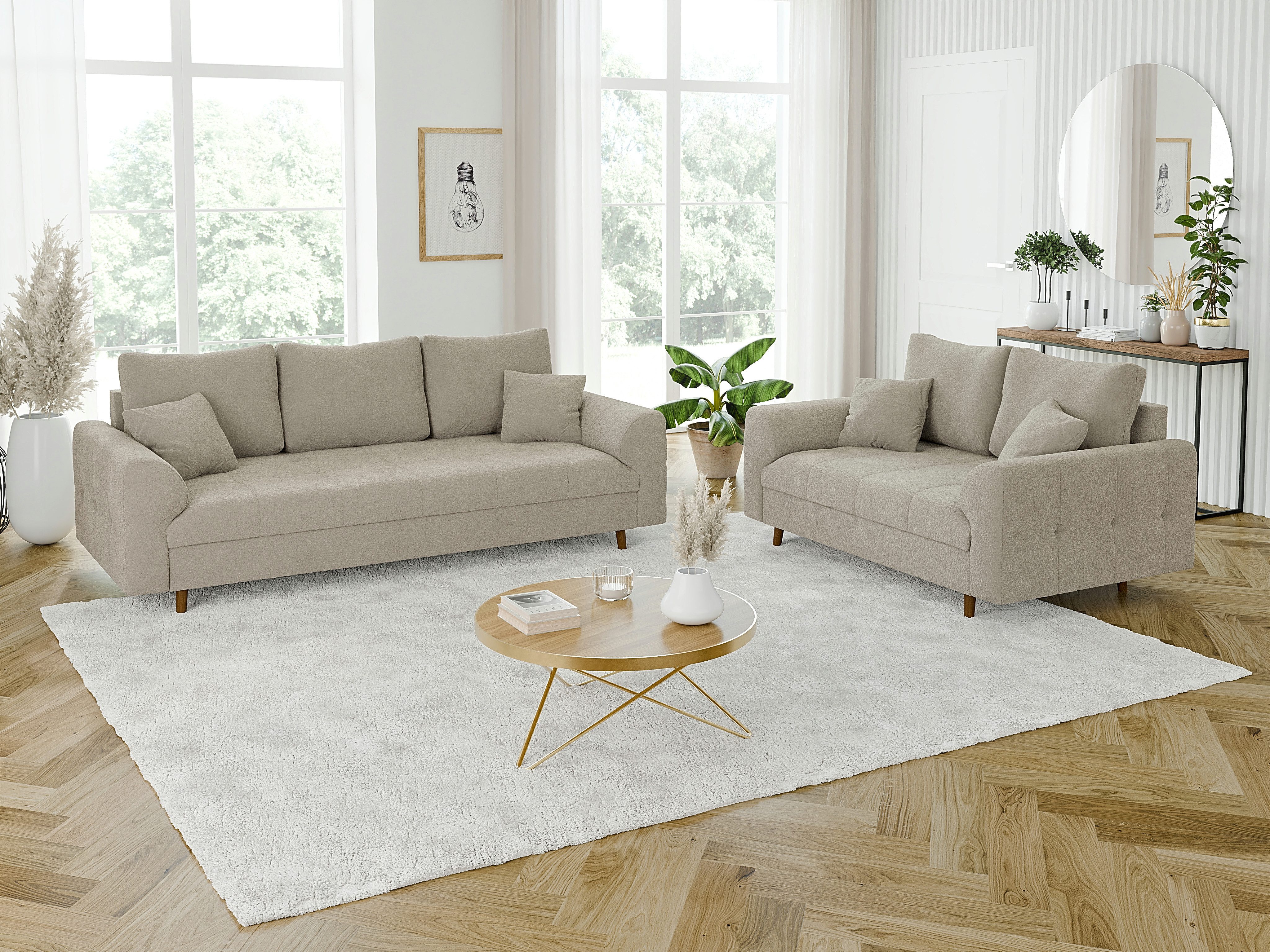 S-Style Möbel Polstergarnitur 3+2 Leif mit Braun Holzfüßen im skandinavischen Stil aus Boucle-Stoff, (1x 3-Sitzer-Sofa, 1x 2-Sitzer-Sofa), mit Wellenfederung