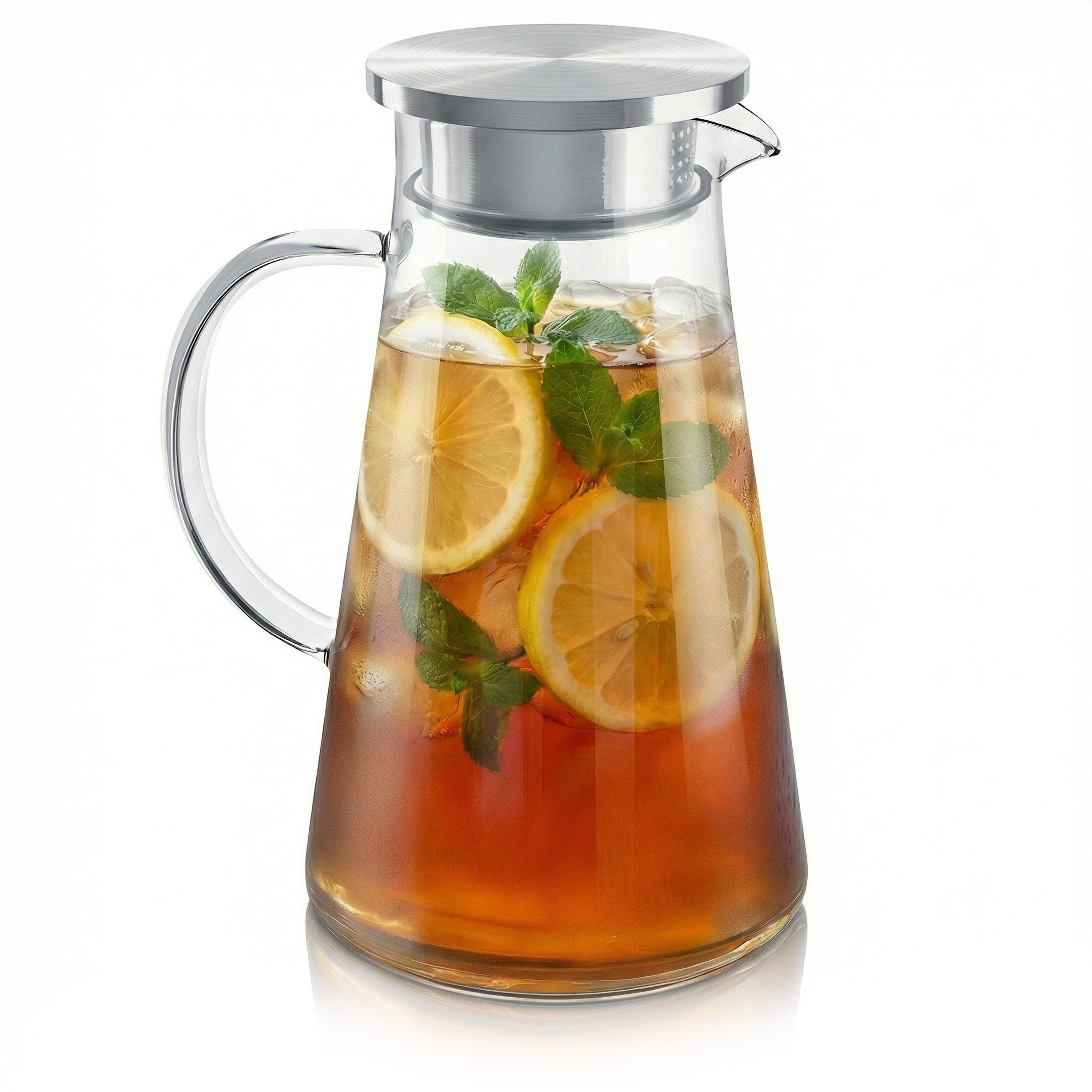 Arendo Karaffe Glaskaraffe 1,9 Liter mit Deckel aus lebensmittelechtem Edelstahl, Borosilikatglas, 1900 ml, Sieb, hitze- und kältebeständig, BPA-frei